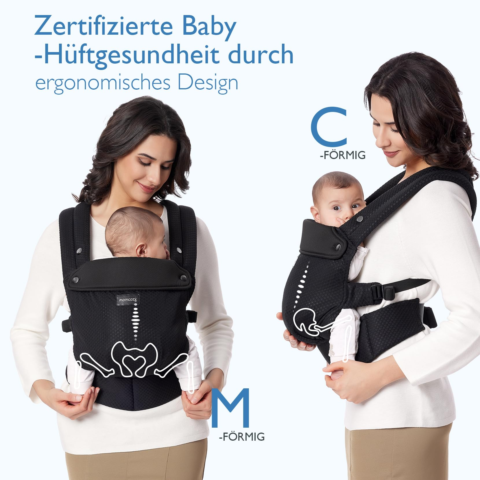 Donna che indossa un marsupio nero, mostra forme ergonomiche C e M.