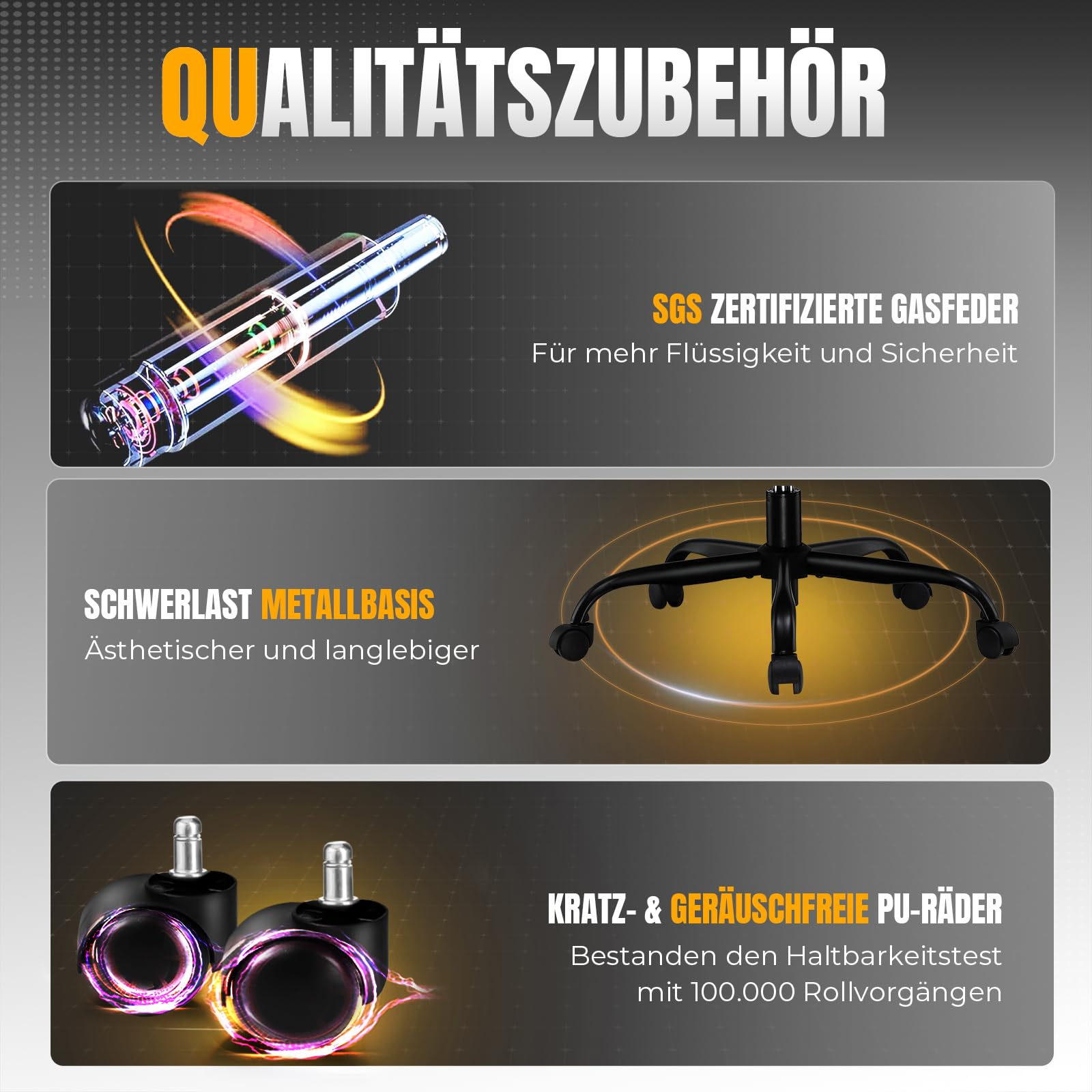Produktmerkmale: SGS-zertifizierte Gasfeder, Metallbasis für schwere Lasten und kratzfreie PU-Räder.