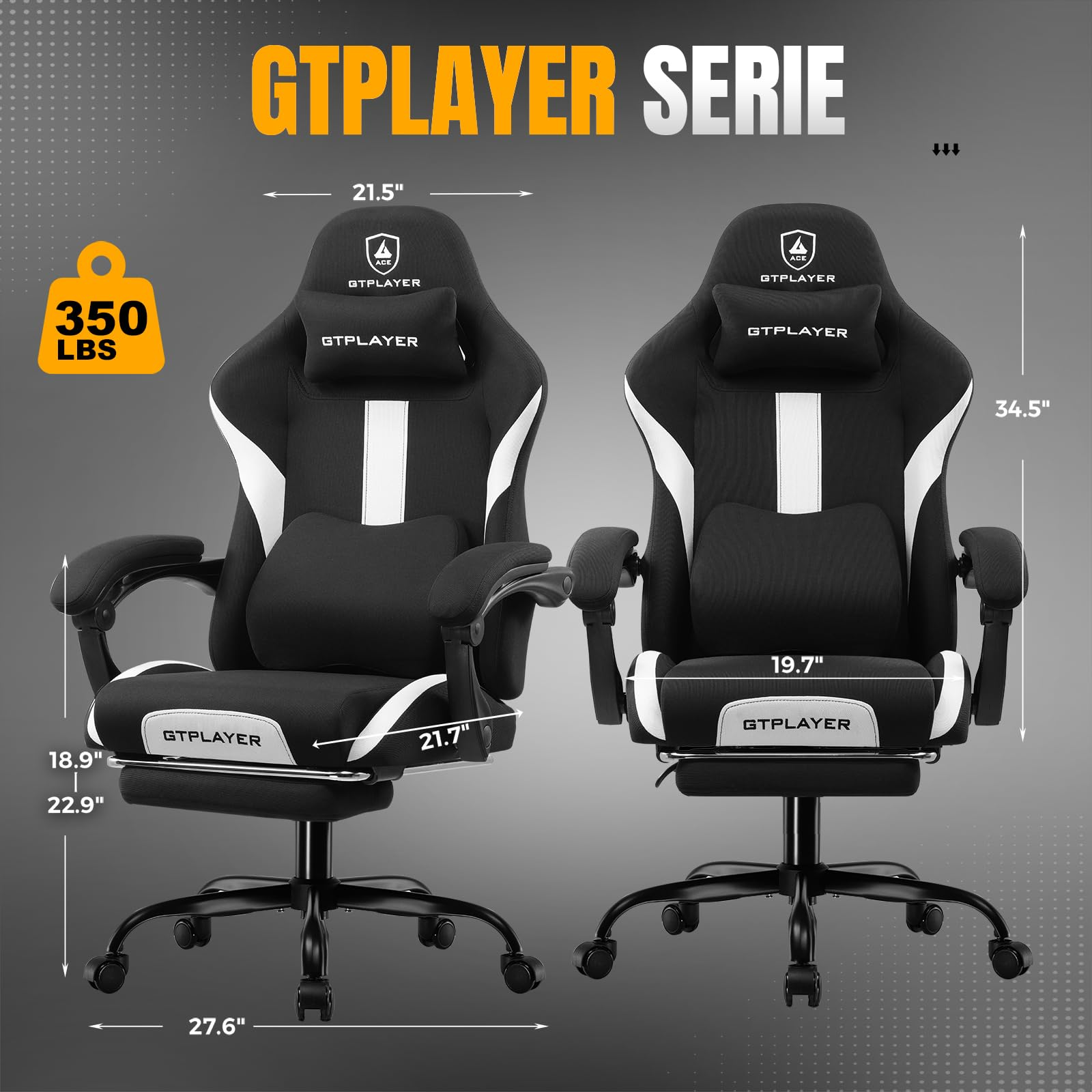 Zwei schwarze GTPlayer Gaming-Stühle mit weißen Akzenten und Maßangaben.