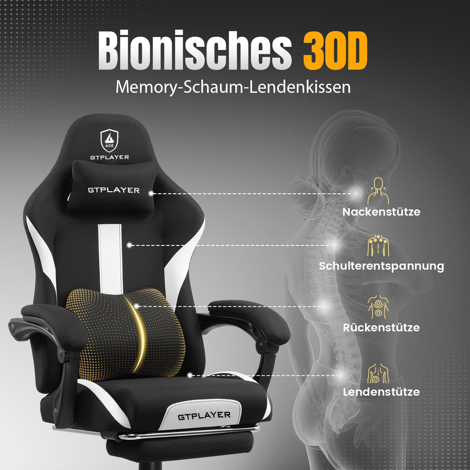 Gaming-Stuhl mit Memory-Schaum-Lendenkissen und ergonomischen Stützpunkten für Nacken und Rücken.