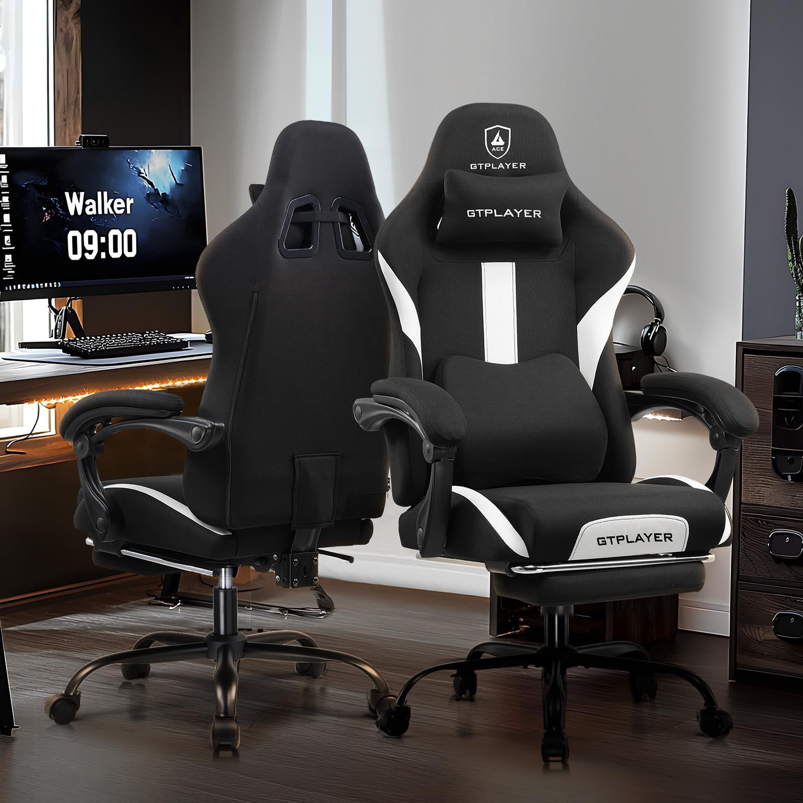 Zwei schwarz-weiße GTPLAYER Gaming-Stühle stehen in einem modernen Zimmer mit PC-Setup.