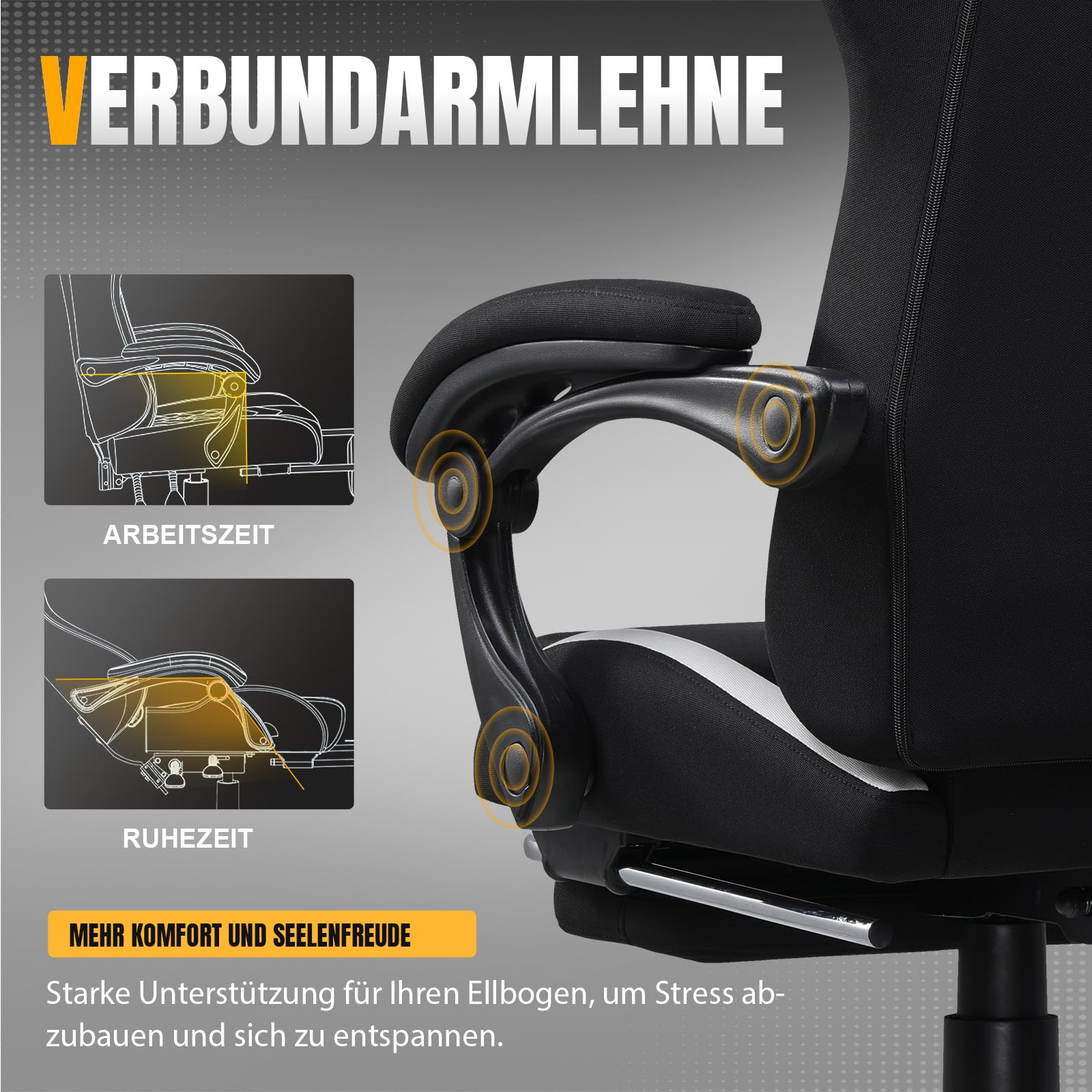 Nahaufnahme einer verstellbaren schwarzen Bürostuhlarmlehne mit Diagrammen für Arbeits- und Ruheposition.