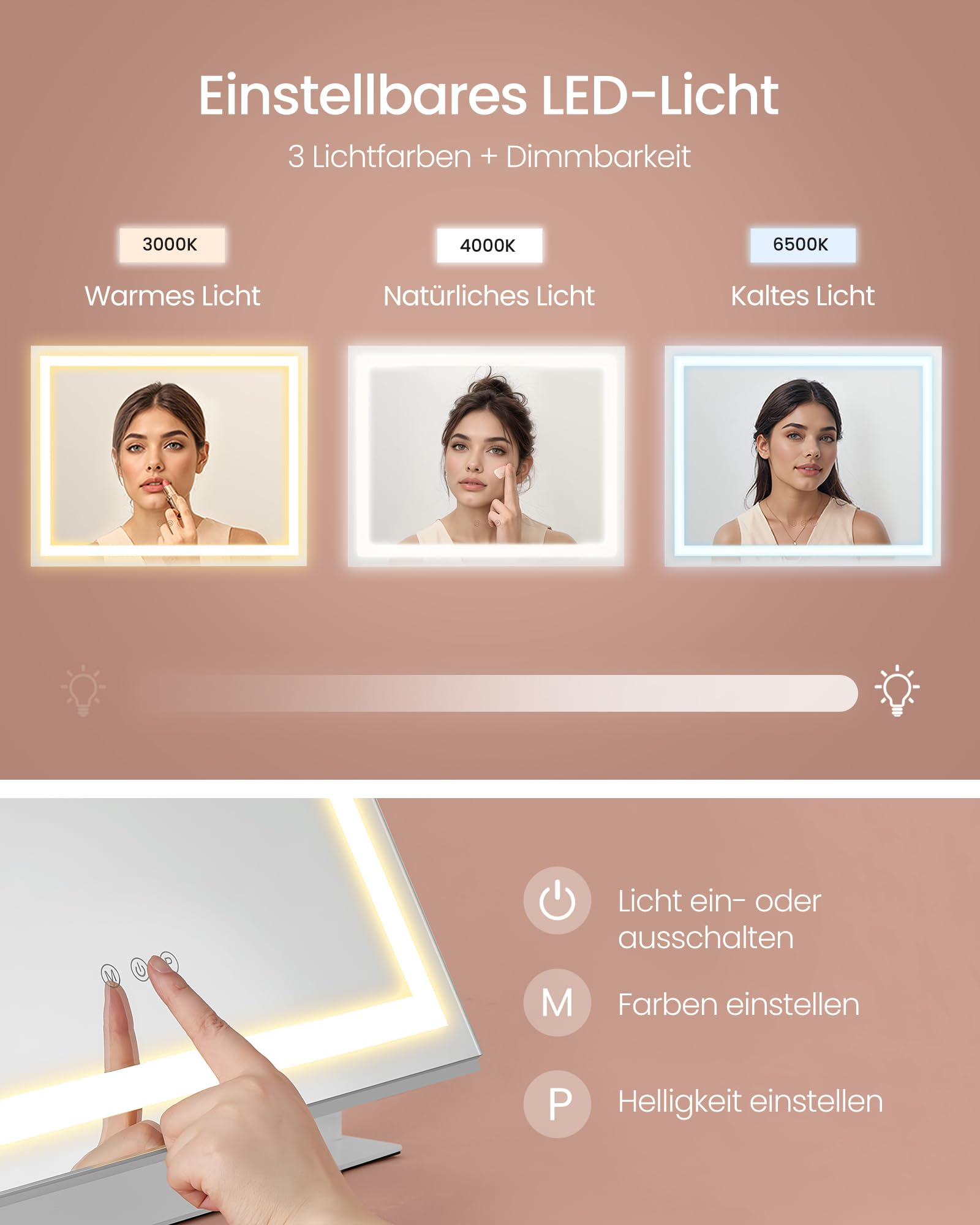 Specchio LED con tre colori di luce e dimmerabile, mostrato con comandi tattili ed esempi.