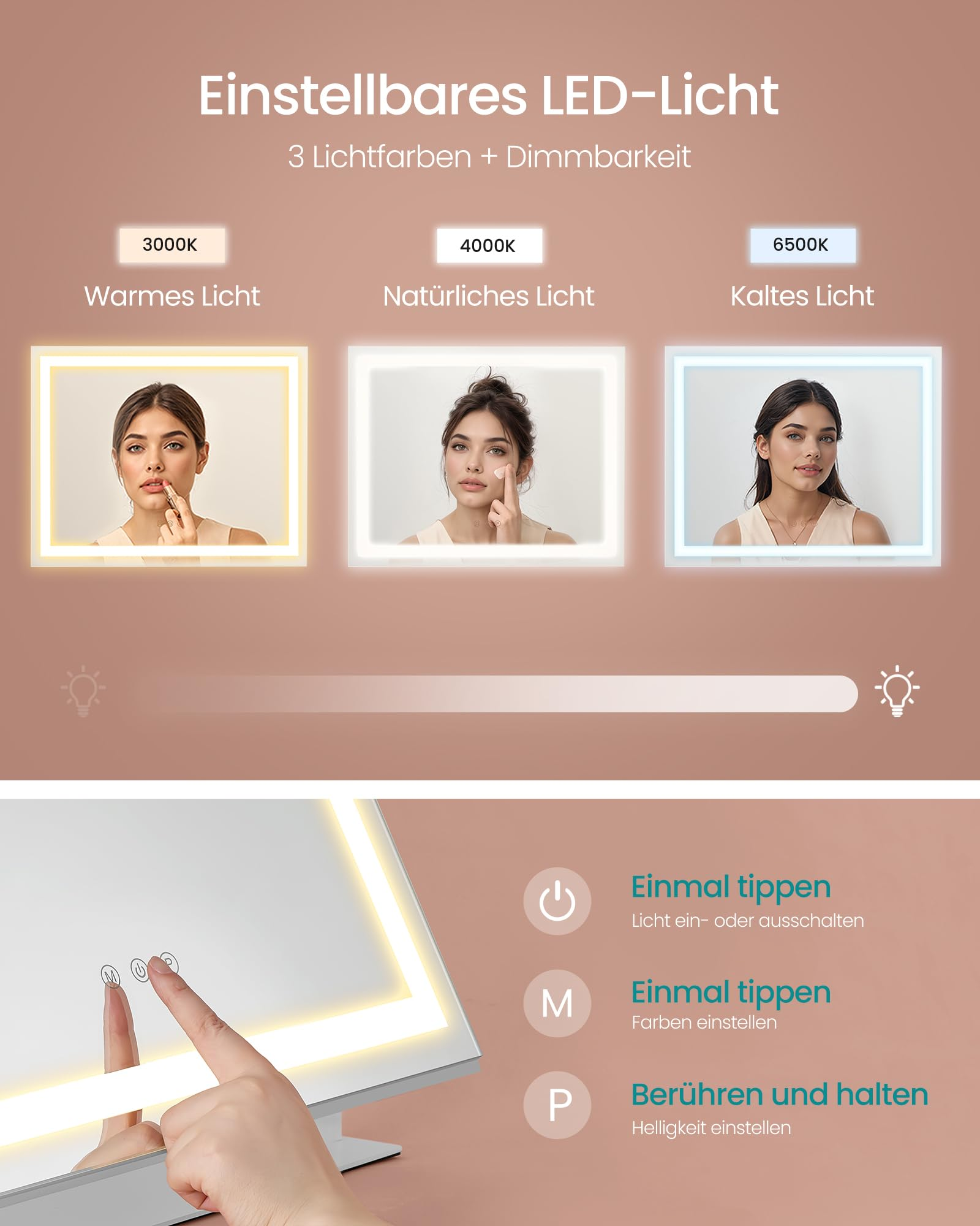 Specchio LED con tre colori di luce e funzione dimmer su sfondo marrone.