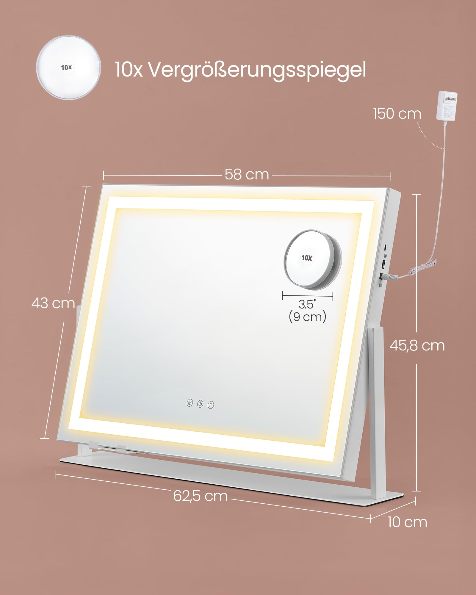 Specchio da trucco illuminato con cornice a LED, specchio ingranditore 10x rimovibile e misure su sfondo marrone.