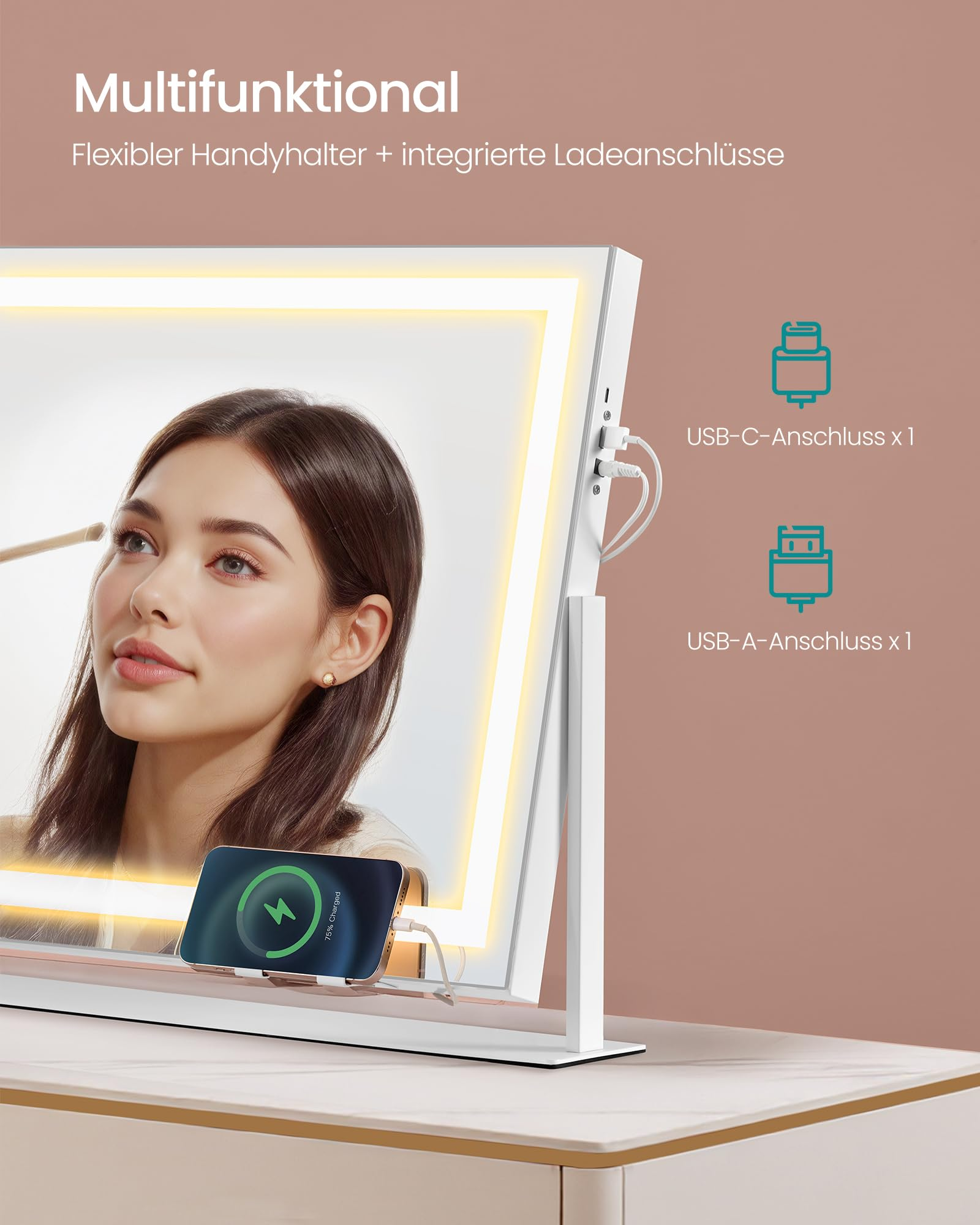 Specchio per il trucco illuminato con porte USB e supporto per smartphone.