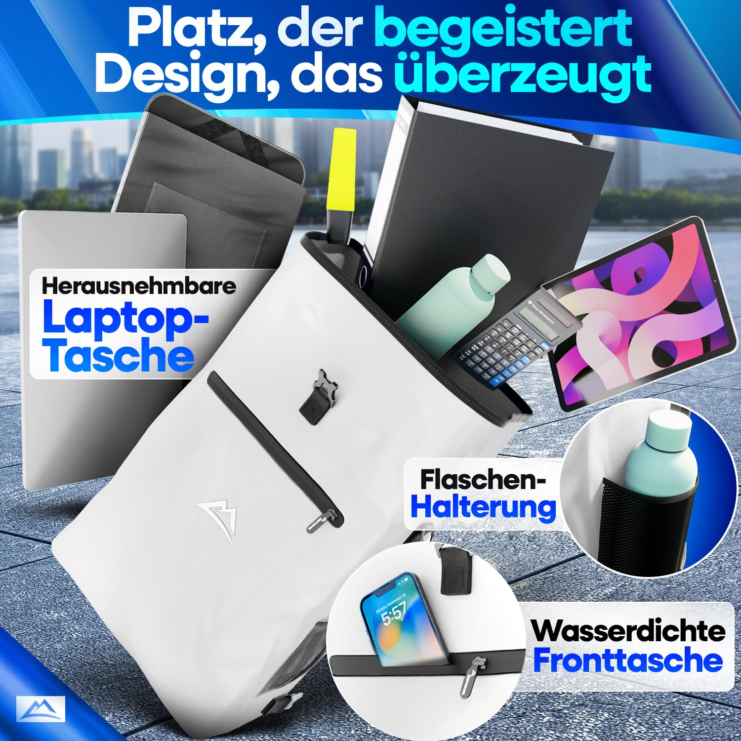 Uno zaino bianco con custodia per laptop, portabottiglie, tasca frontale impermeabile e materiale scolastico.