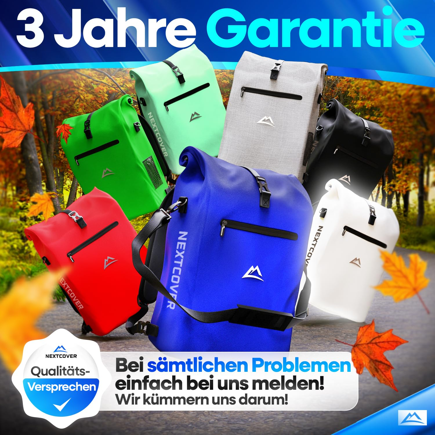Diversi zaini impermeabili colorati su sfondo di bosco autunnale con testo di garanzia.