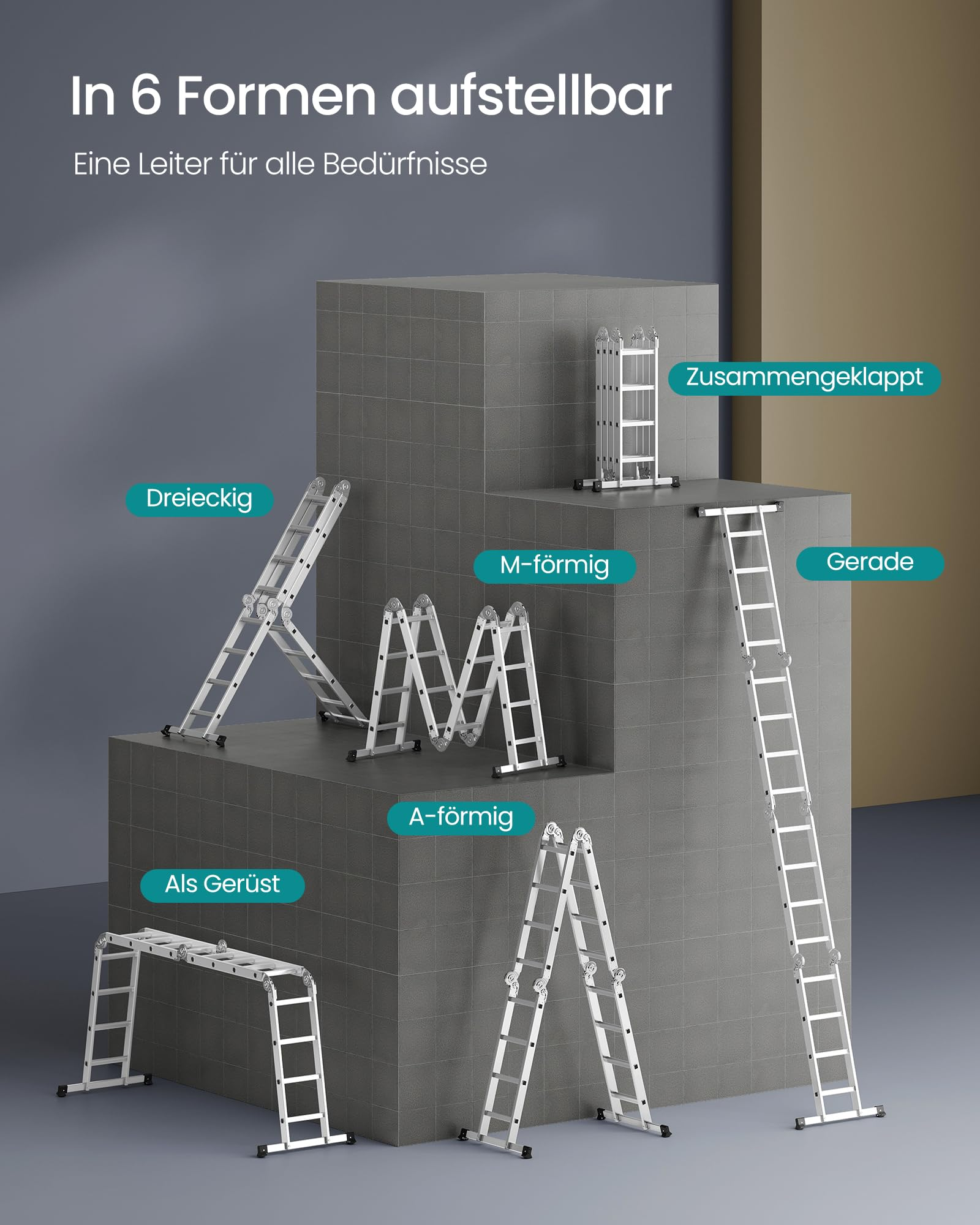Eine vielseitige Aluminiumleiter in sechs verschiedenen Konfigurationen vor einer grauen Wand.