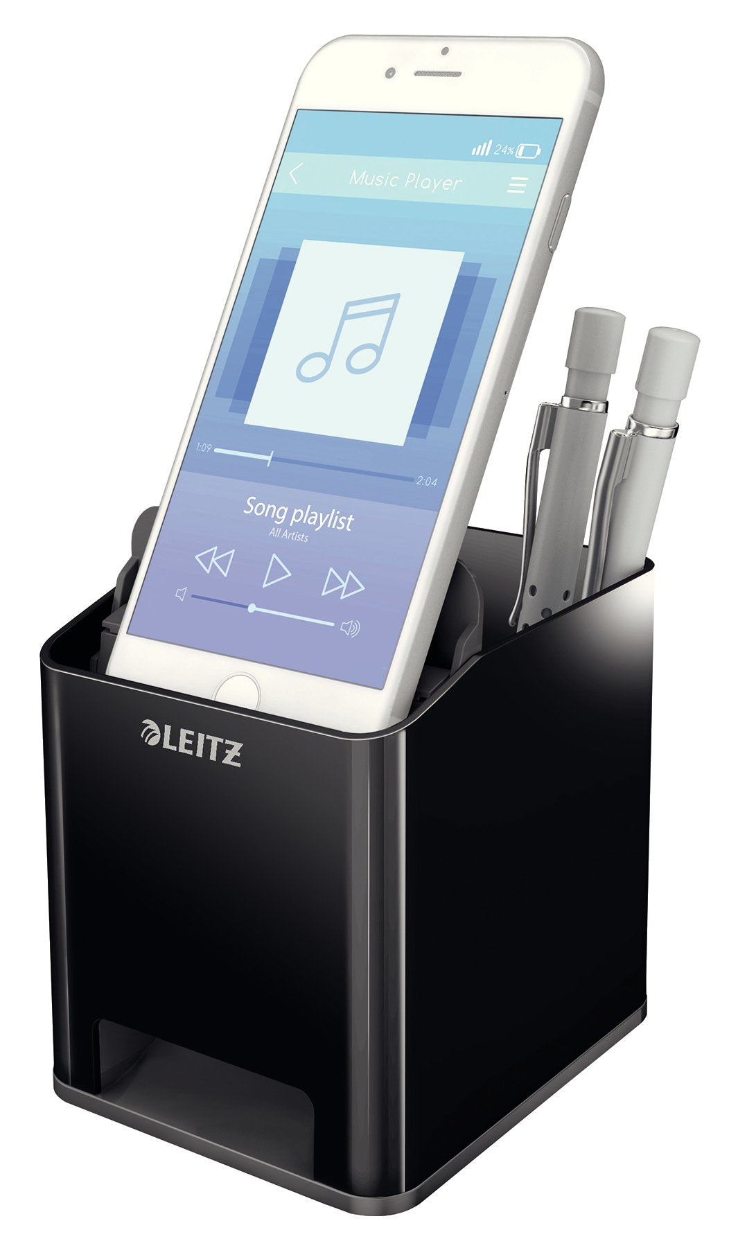 Un organizer da scrivania nero Leitz contiene uno smartphone con un'app musicale e due penne grigie.