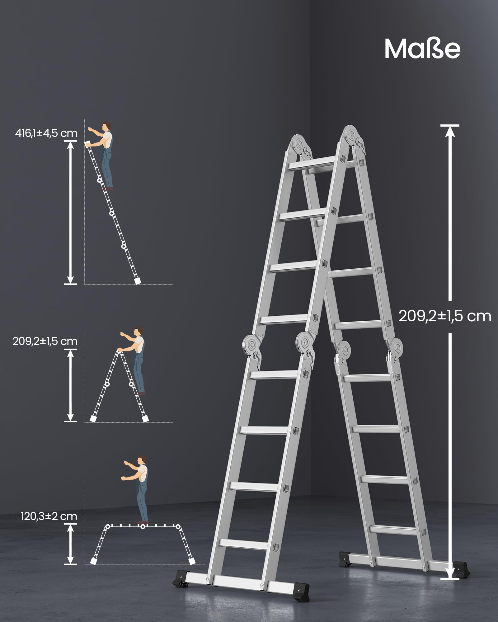 Diagramm einer vielseitigen silbernen Metallleiter mit Maßen und Konfigurationen für verschiedene Höhen.