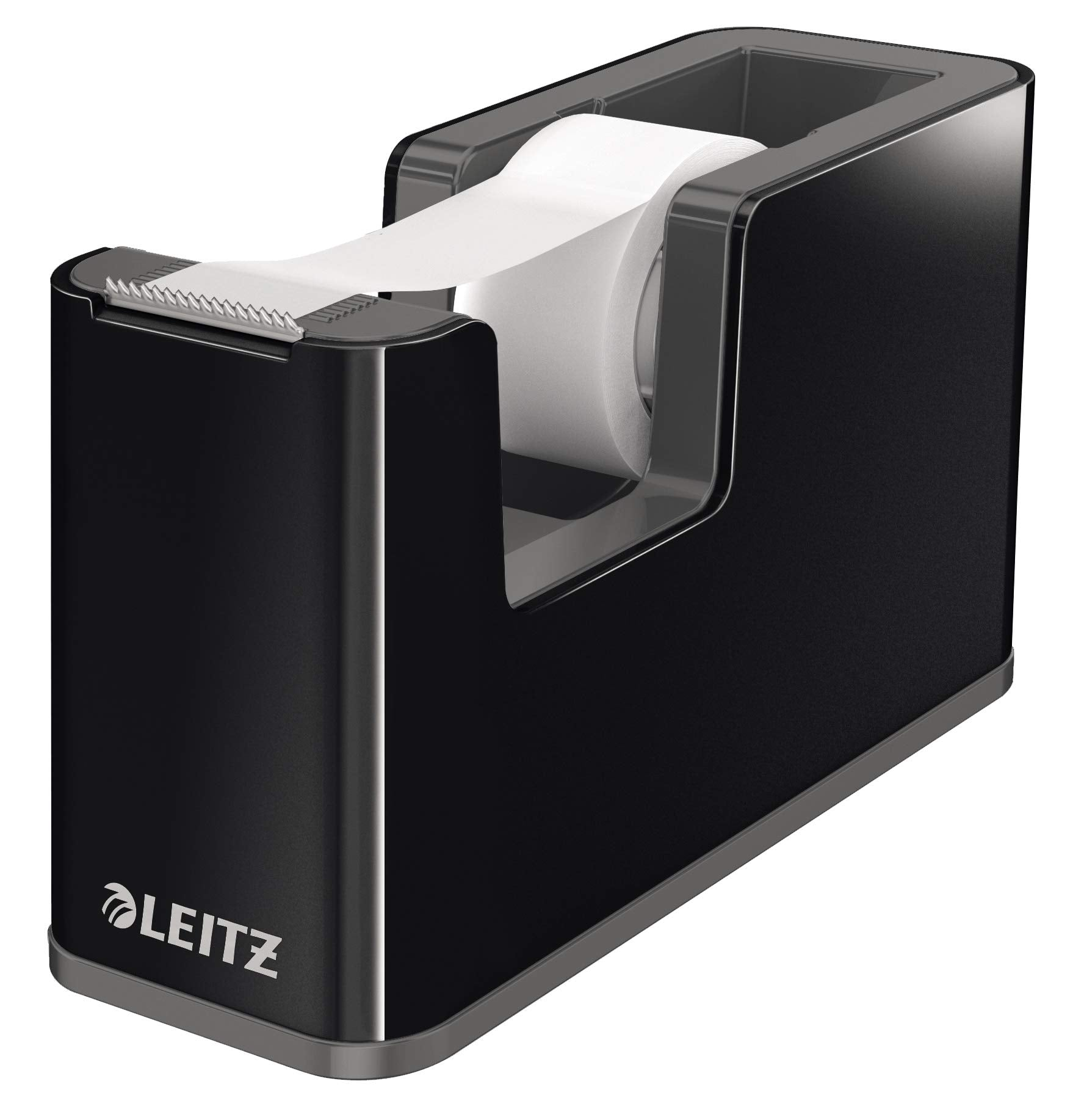 Un dispenser per nastro adesivo Leitz nero con un rotolo bianco, su sfondo bianco.
