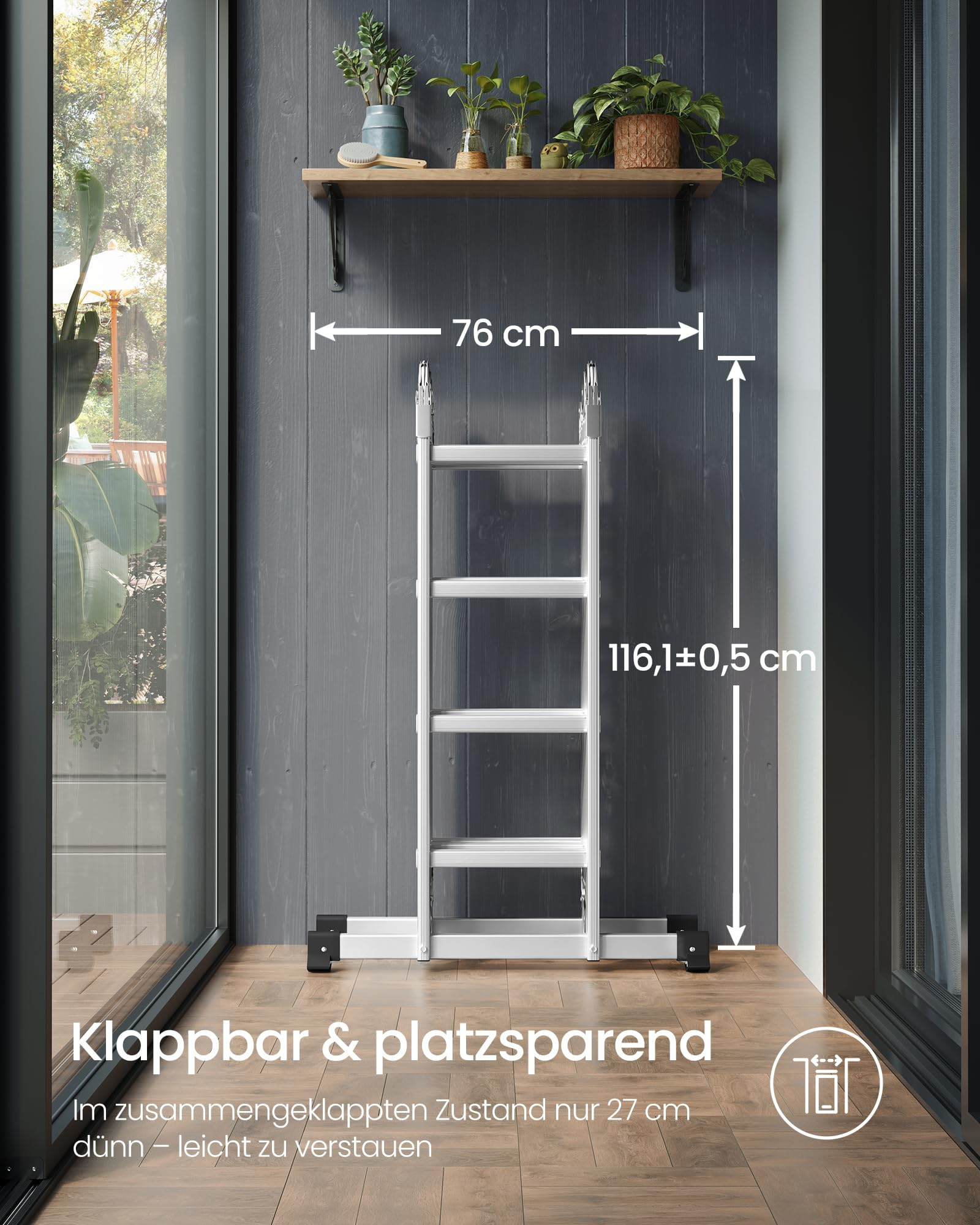 Eine kompakte, zusammengeklappte Aluleiter mit Maßen von 76 cm Breite und 116,1 cm Höhe vor einer dunklen Wand.