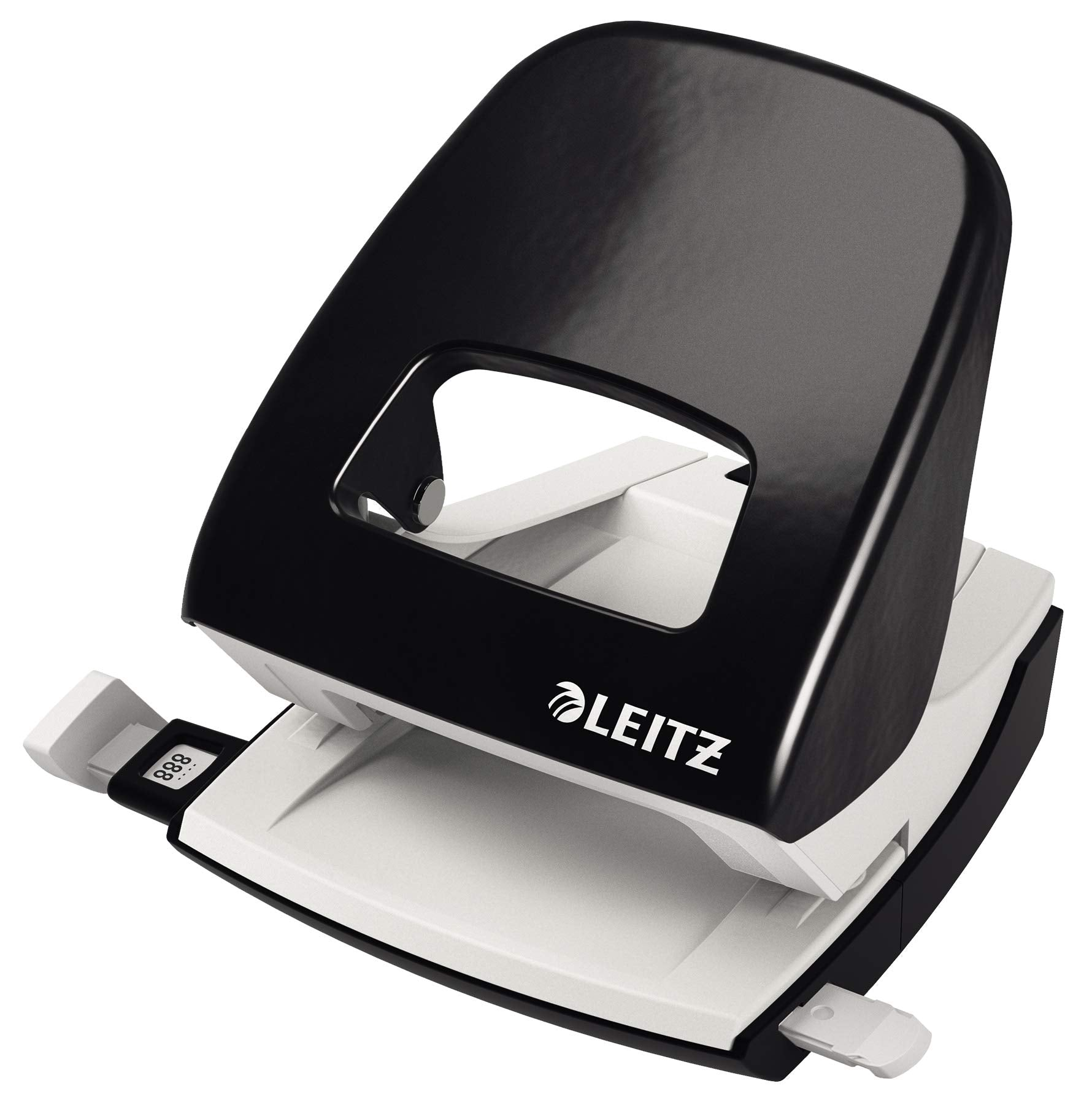 Foratrice da ufficio Leitz nera e bianca su sfondo bianco.