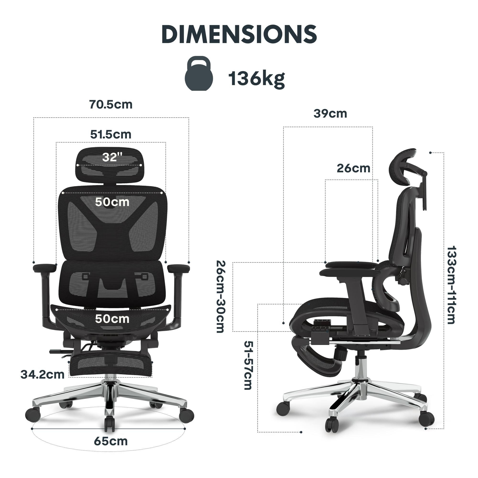 Dessin technique d'une chaise de bureau ergonomique avec dimensions précises et poids maximal.