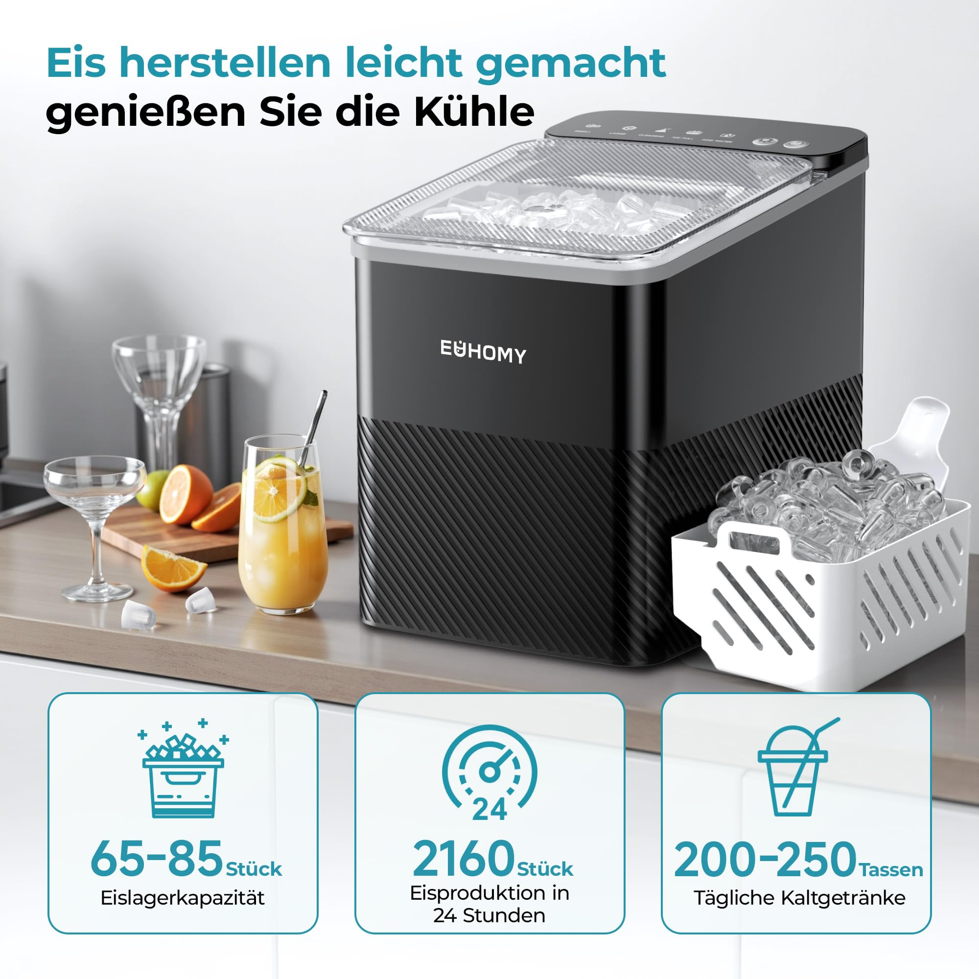 Machine à glaçons Euhomy noire sur un comptoir de cuisine avec un panier de glaçons et des verres de jus d'orange.