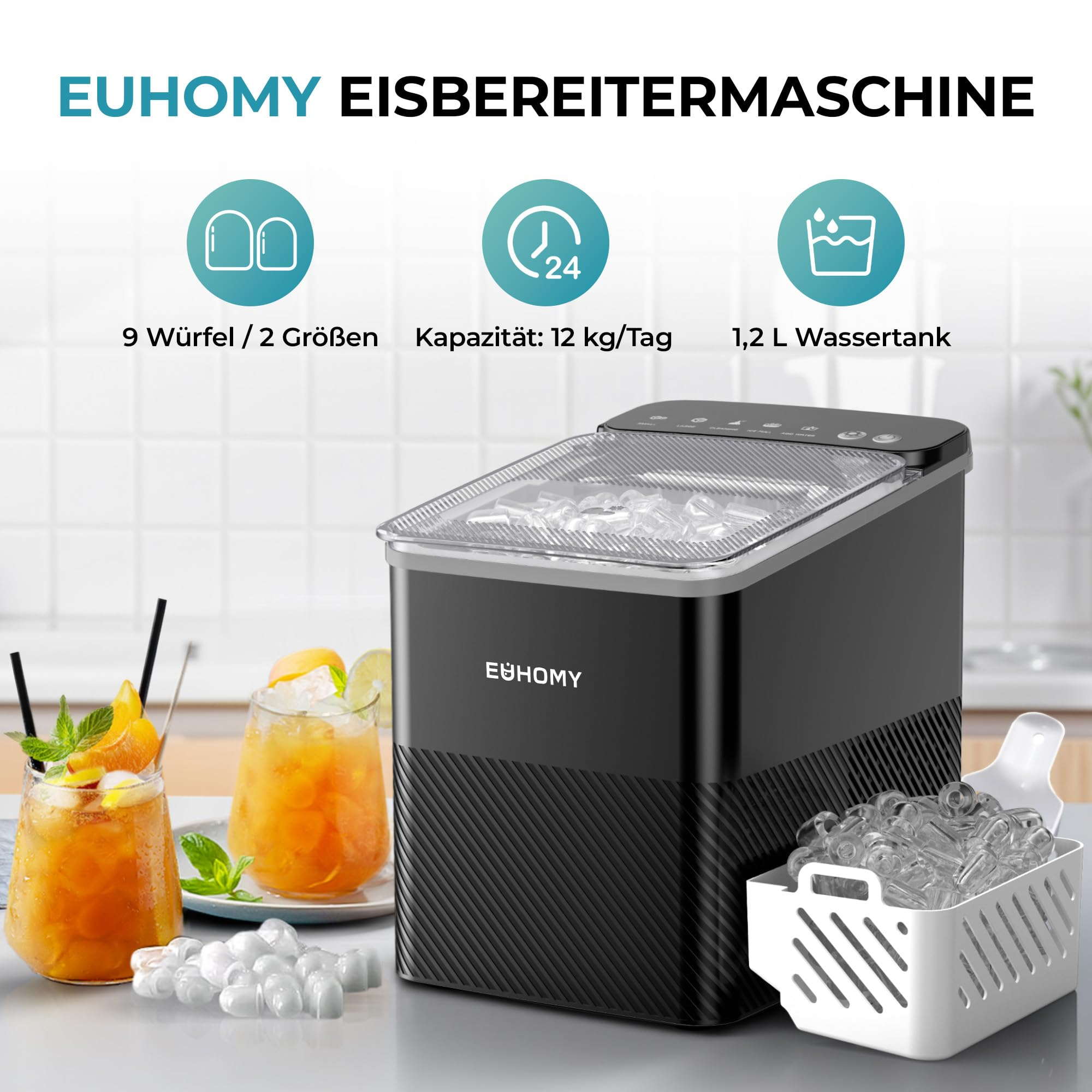 Machine à glaçons Euhomy noire avec verres de jus d'orange et bac à glaçons blanc sur une table.