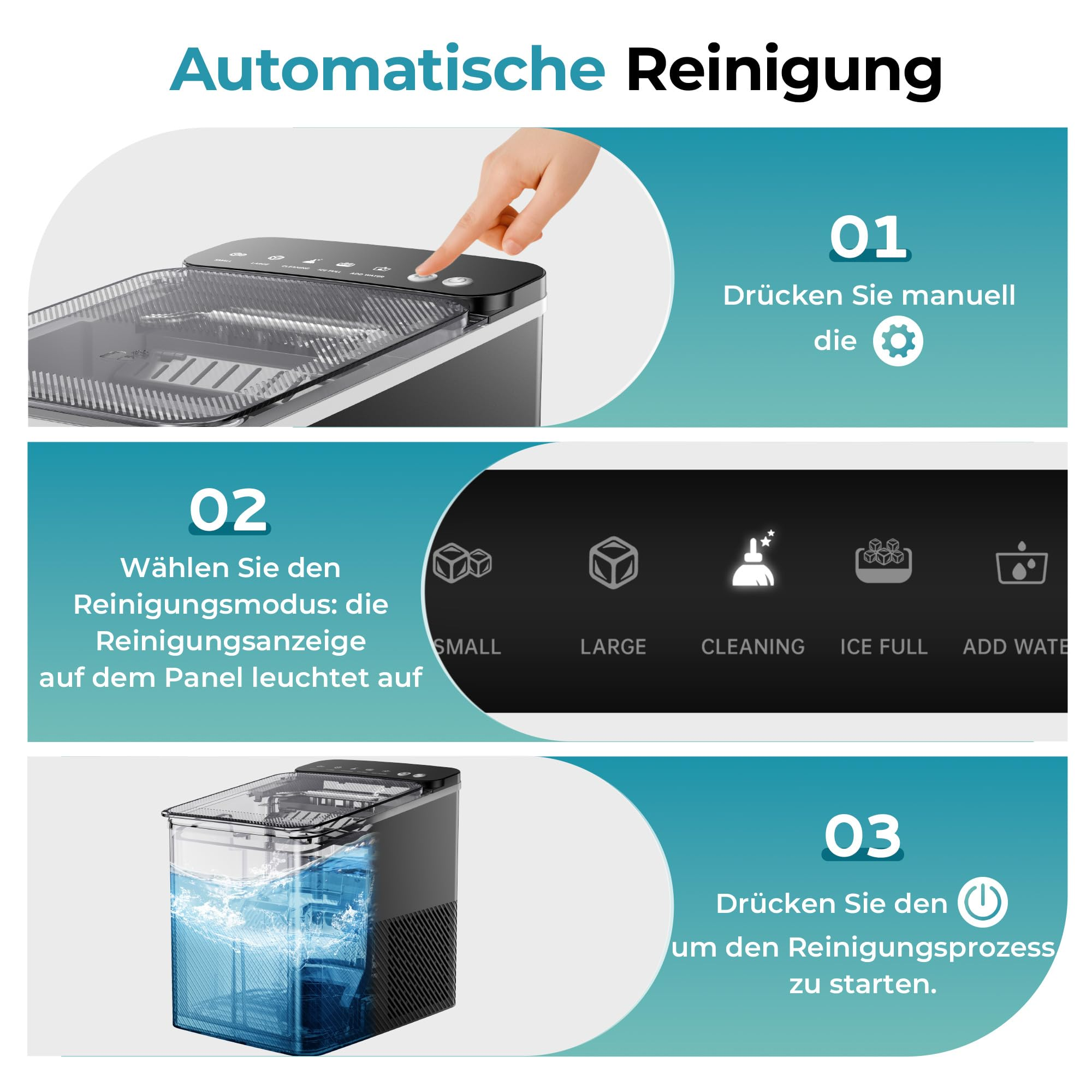 Instructions pour le nettoyage automatique de la machine à glaçons en trois étapes.