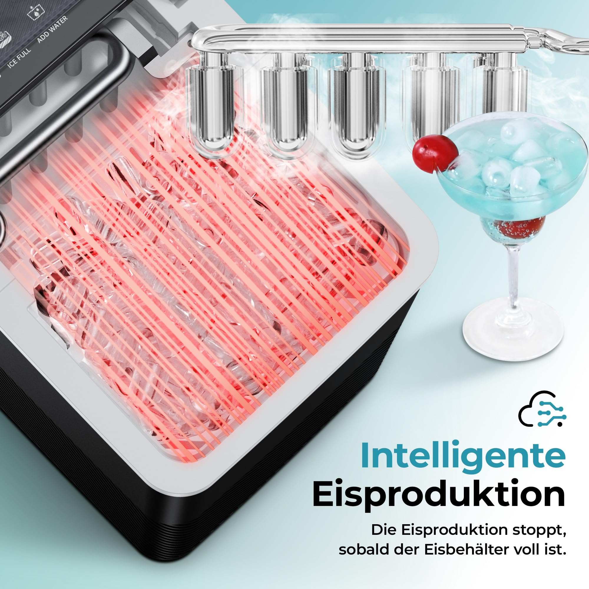 Machine à glaçons avec couvercle transparent et broches métalliques, à côté d'un cocktail bleu avec une cerise.
