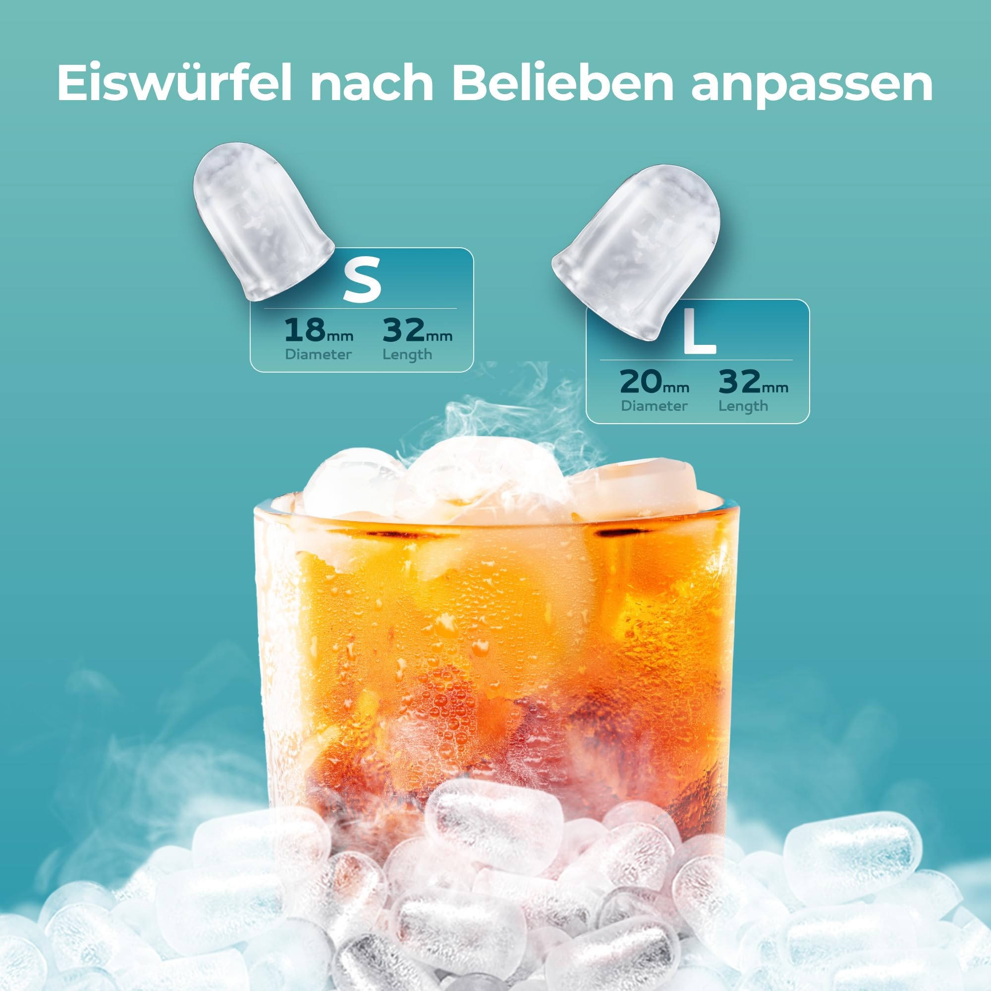 Verre de boisson glacée entouré de glaçons, avec tailles S et L.