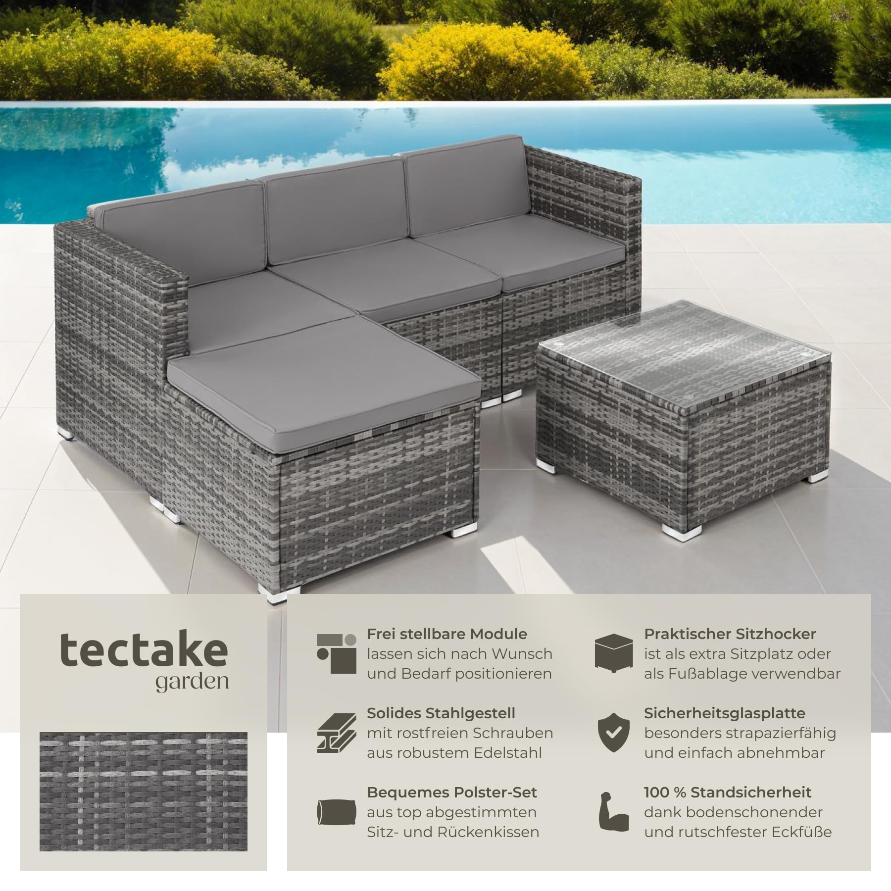Graues Rattan-Ecksofa mit Kissen und Tisch am Pool, samt Werbeinfo.