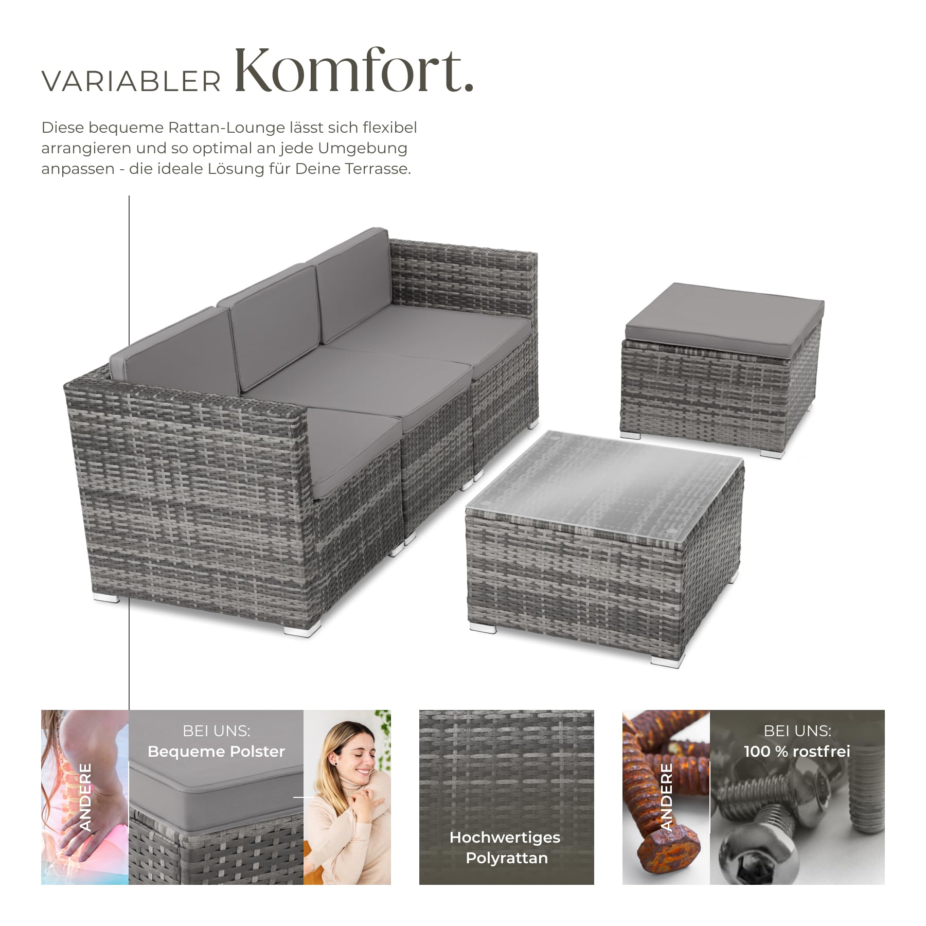 Graues PolyRattan Gartenmöbel Set mit Sofa, Hocker, Glastisch und Produkt-Detailbildern.