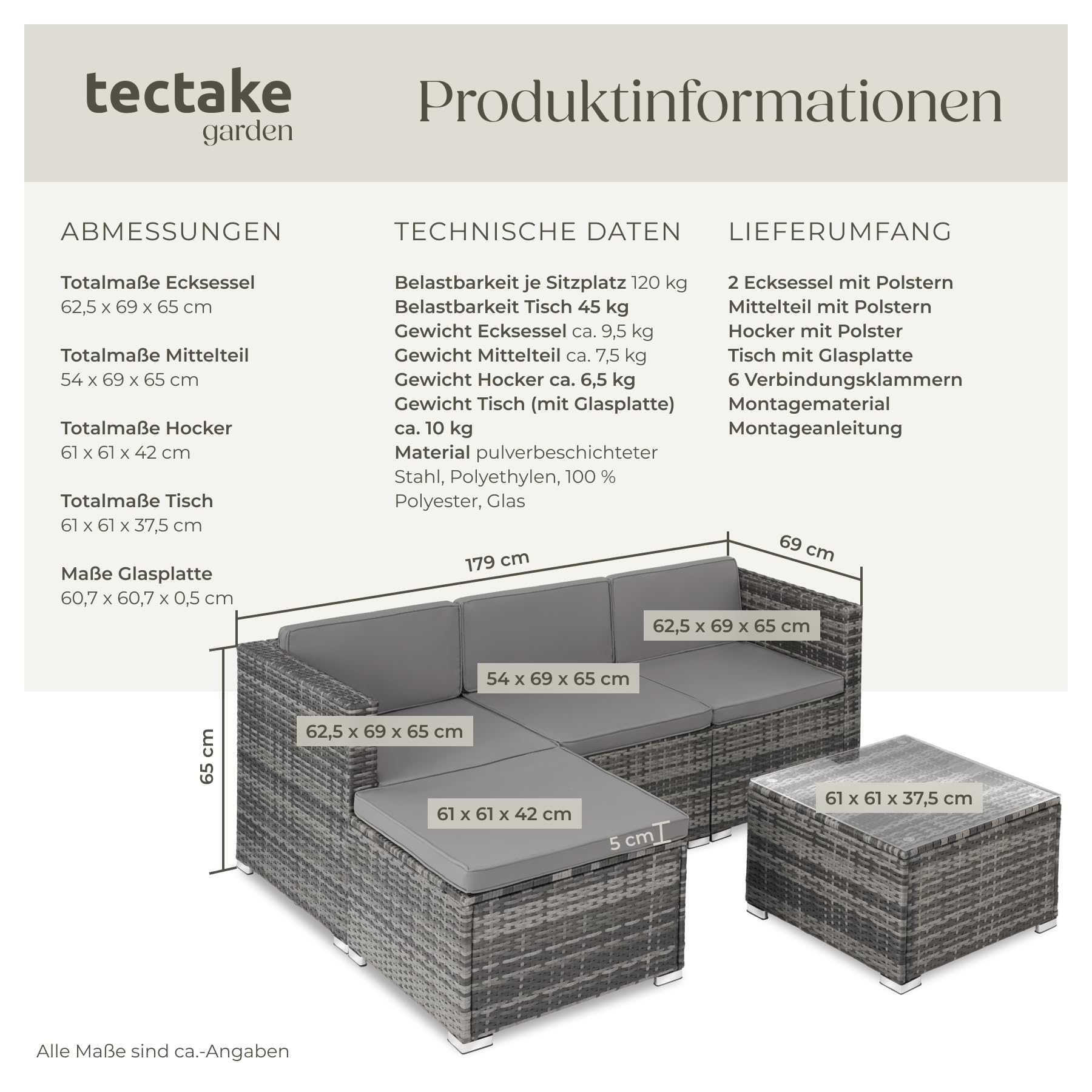 Technische Daten und Maße einer grauen Rattan-Gartenlounge mit grauen Kissen und Glastisch.