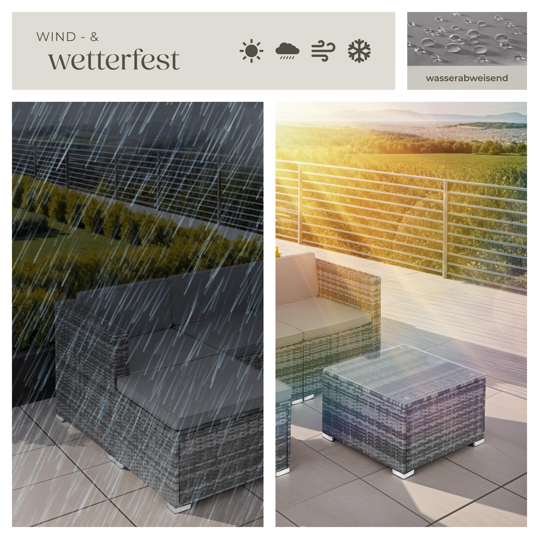 Wetterfeste Gartenmöbel auf einem Balkon im Regen und Sonnenschein mit Icons für Wind und Wetter.