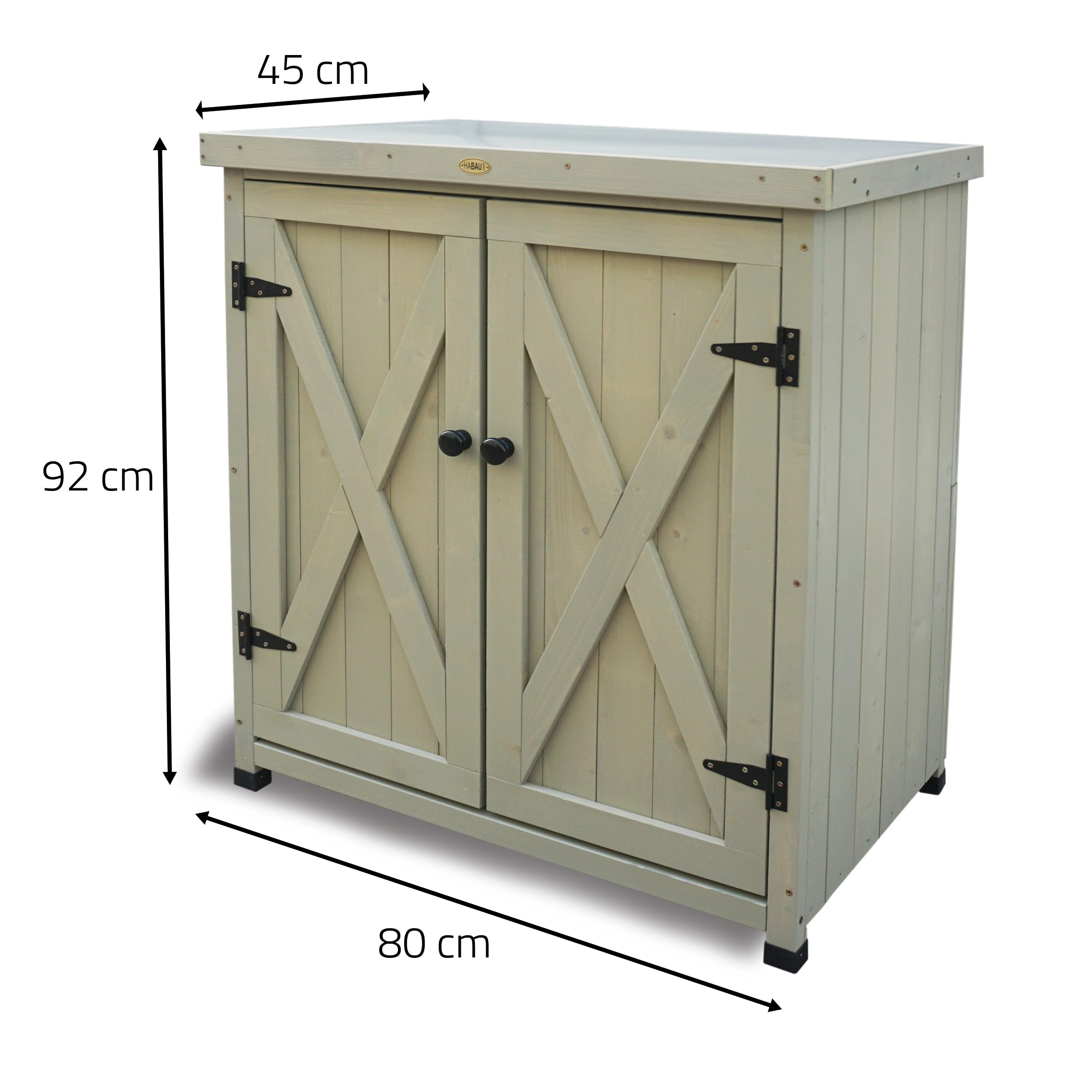 Armadio da giardino in legno verde chiaro con due ante a X, cerniere nere e dimensioni 80x45x92 cm.