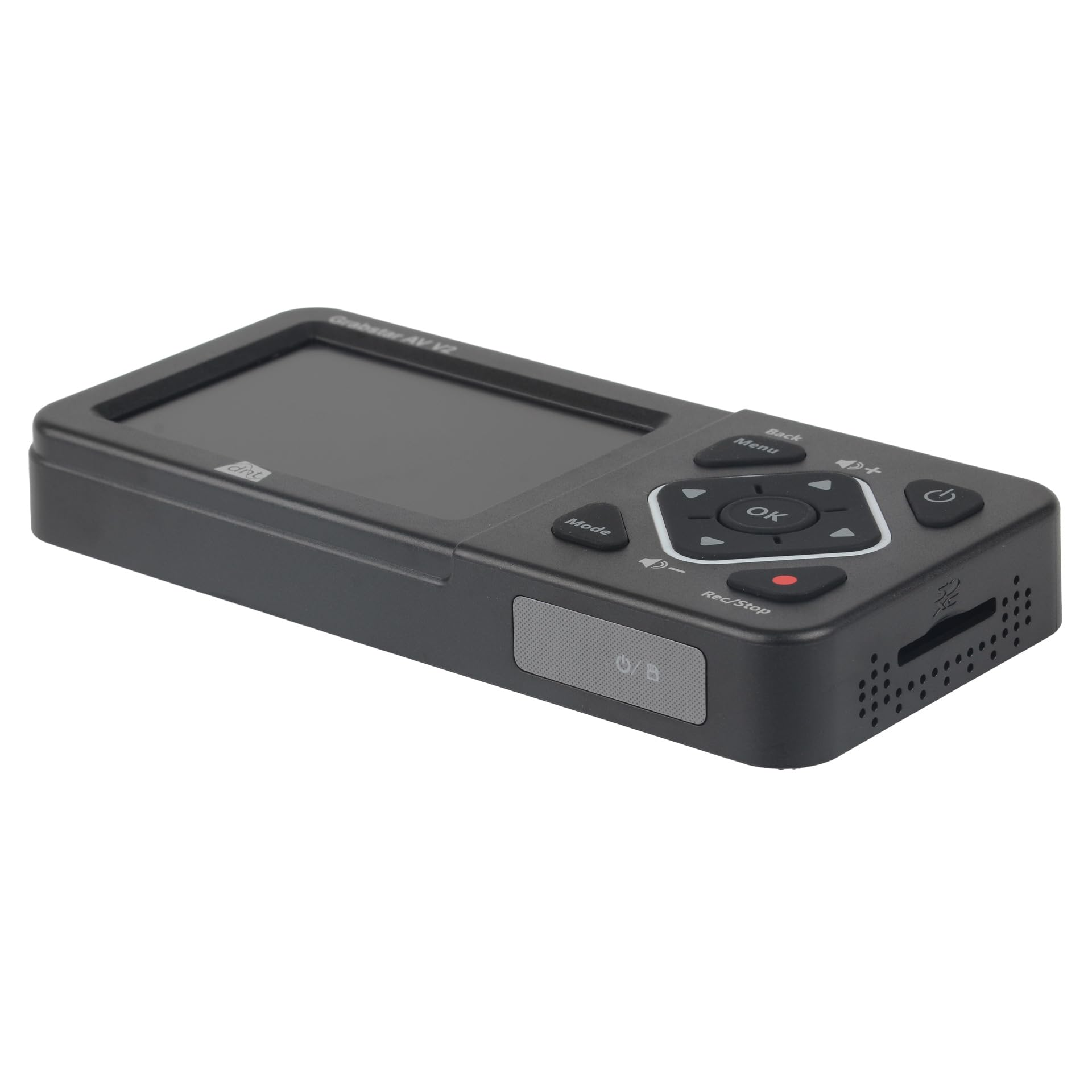 Un appareil Grabstar AV V2 noir avec écran, boutons de commande et ports sur une surface blanche.