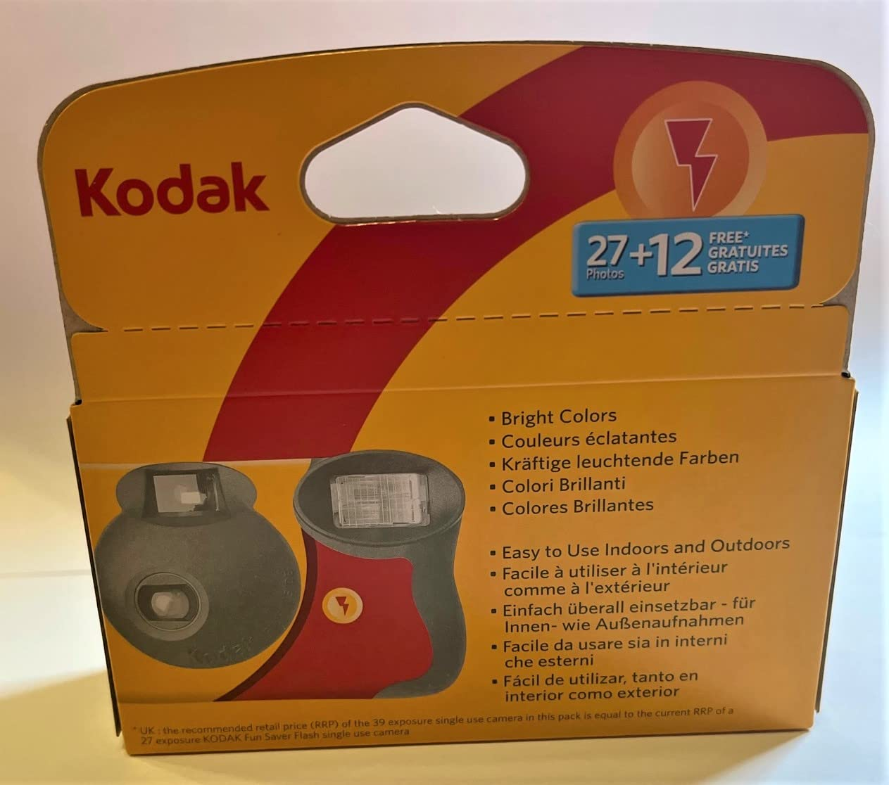 Boîte d'emballage d'appareil photo Kodak jaune et rouge avec texte et badge bonus 27+12 photos.