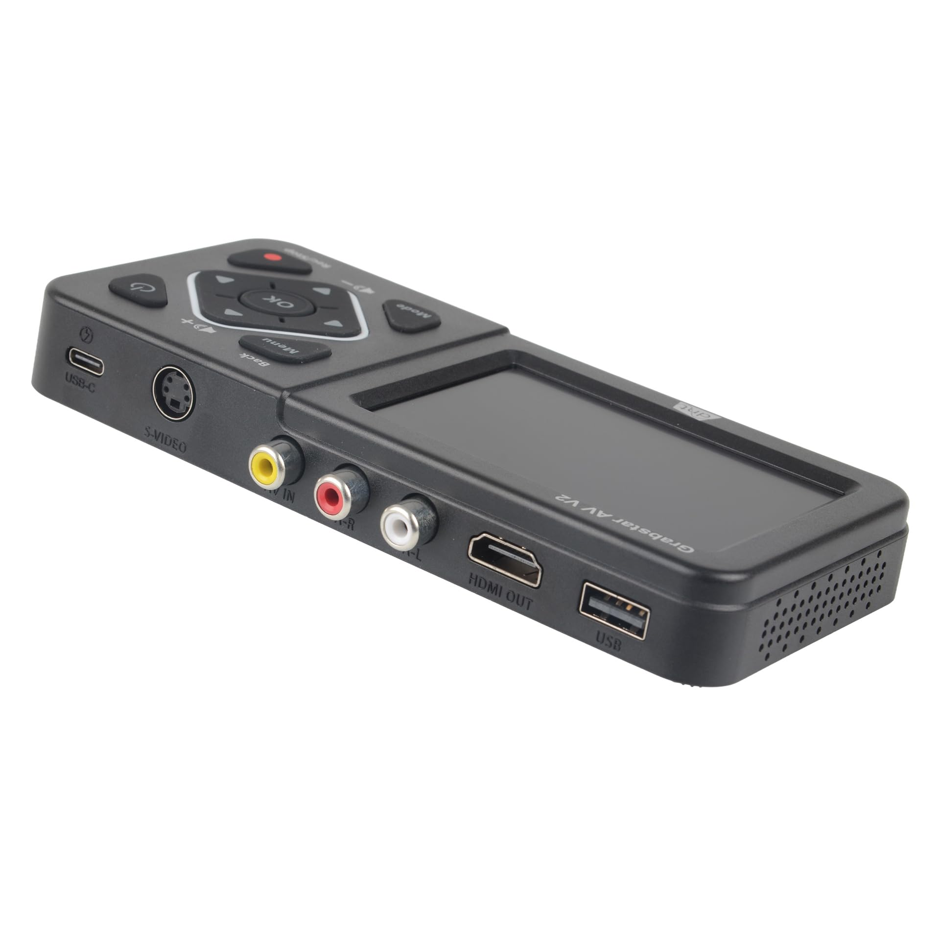 Un boîtier d'acquisition vidéo Grabstar AV V2 noir avec écran, boutons et ports divers.
