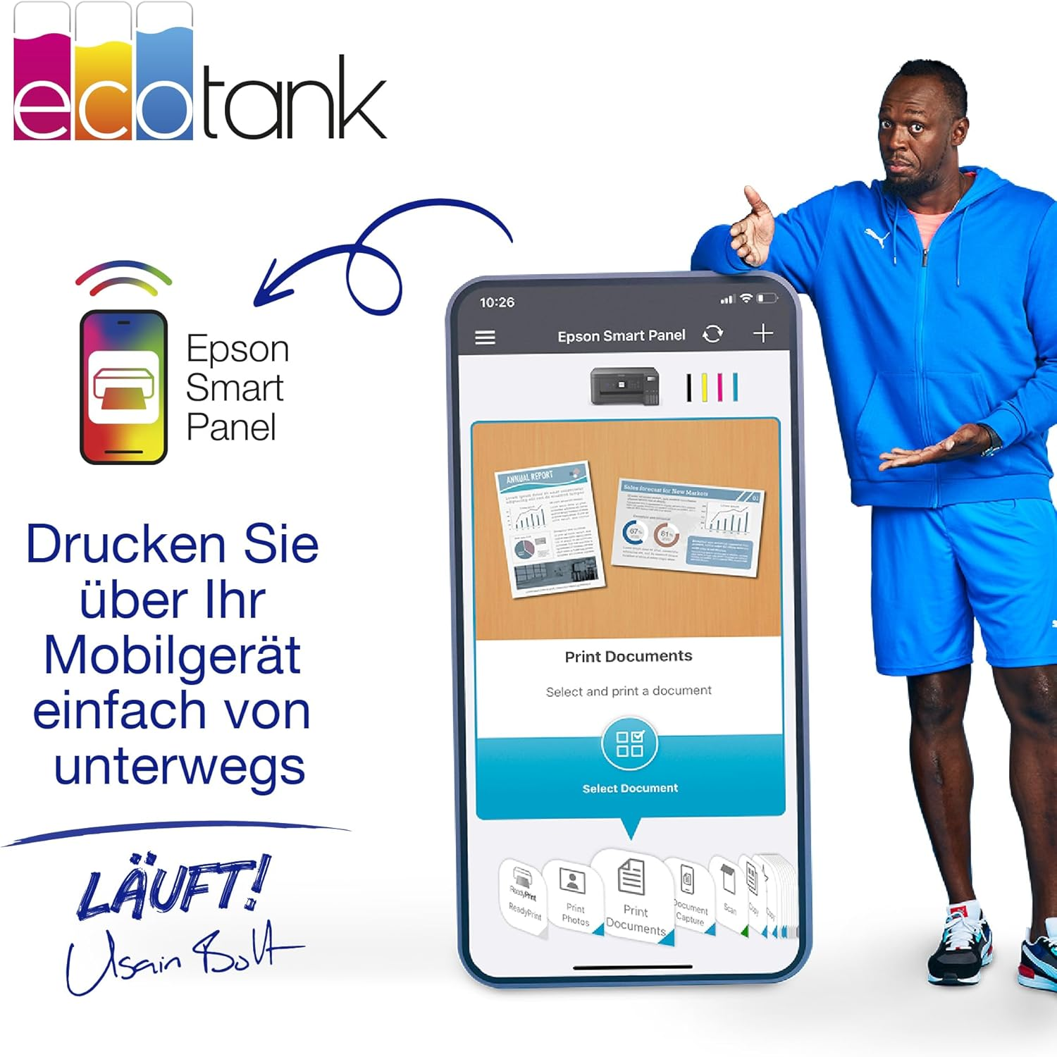 Usain Bolt promuove Epson EcoTank e l'app Smart Panel per la stampa mobile, mostrando uno smartphone.