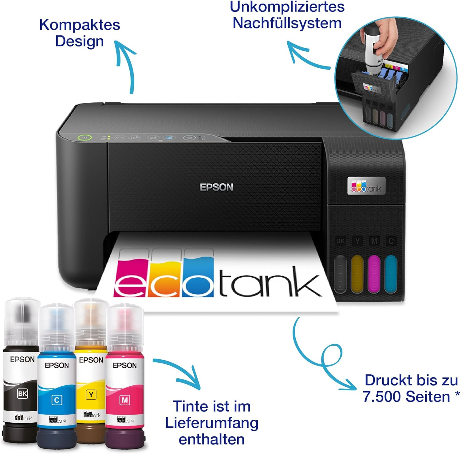 Stampante Epson EcoTank con quattro flaconi di inchiostro e testi esplicativi.
