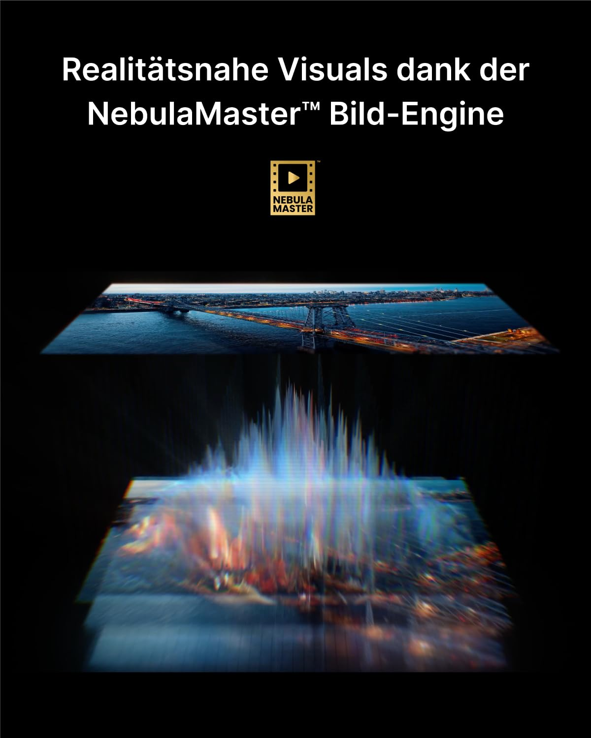 Grafik zeigt realistische Visuals der NebulaMaster Bild-Engine mit einer Brücke und Lichtwellen.