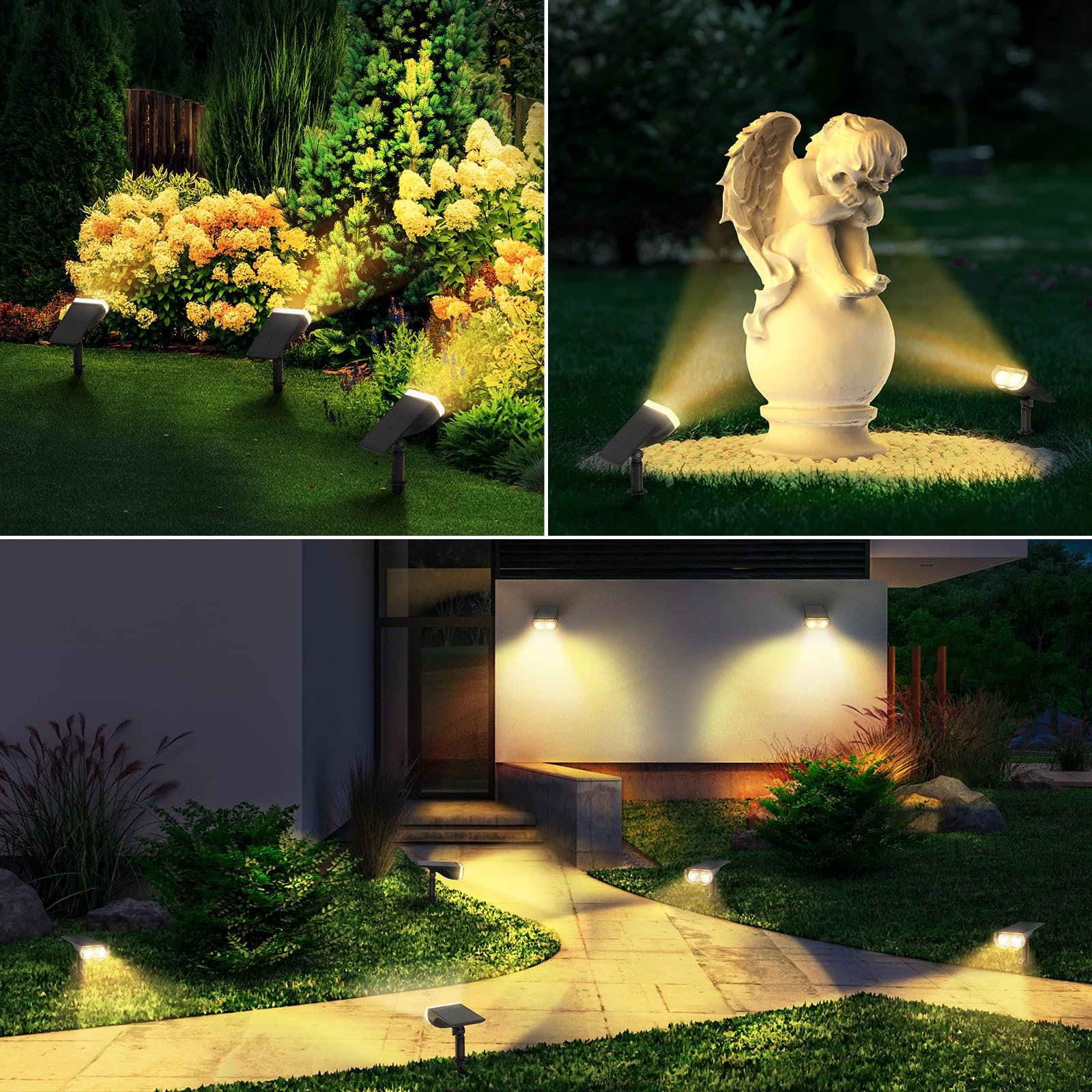 Des lampes solaires de jardin éclairent des fleurs, une statue d'ange et une allée la nuit.