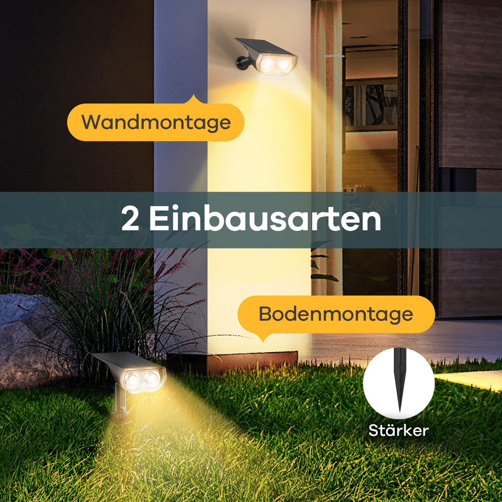 Lampe solaire d'extérieur avec deux options d'installation : montage mural ou au sol.