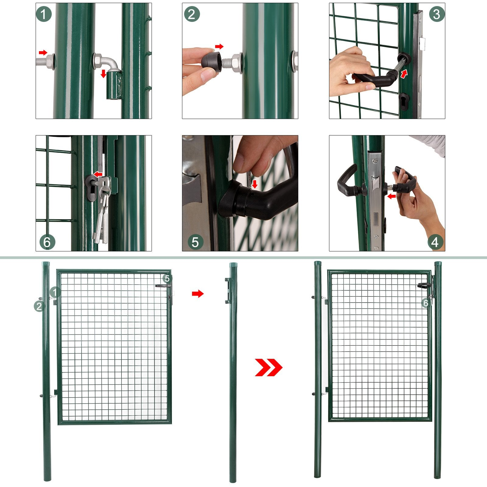 Istruzioni dettagliate per installare un cancello da giardino in metallo verde con maniglia e serratura.