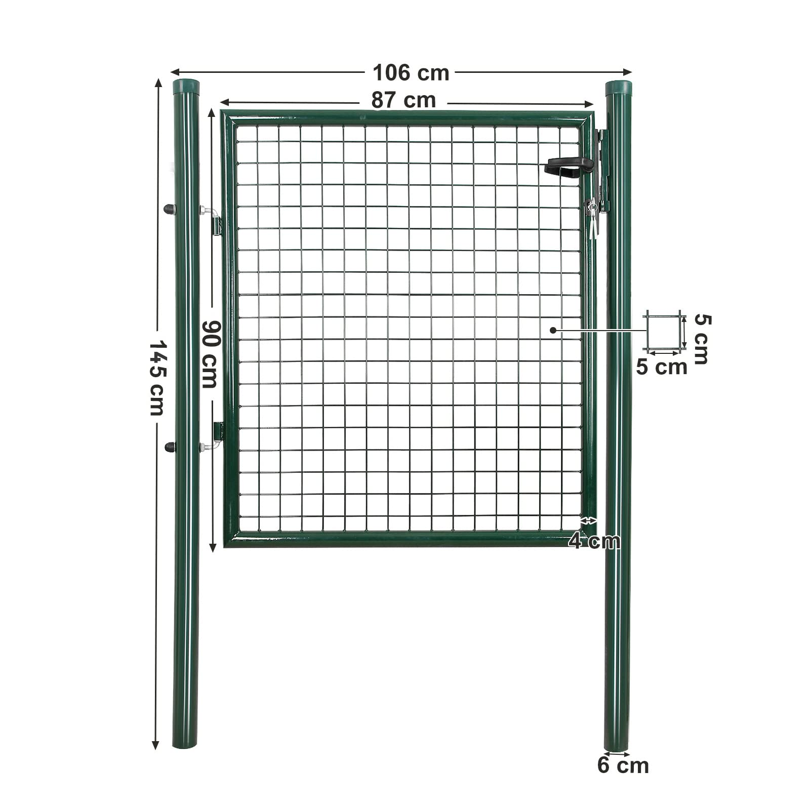 Cancello da giardino in rete metallica verde con dimensioni e due pali su sfondo bianco.