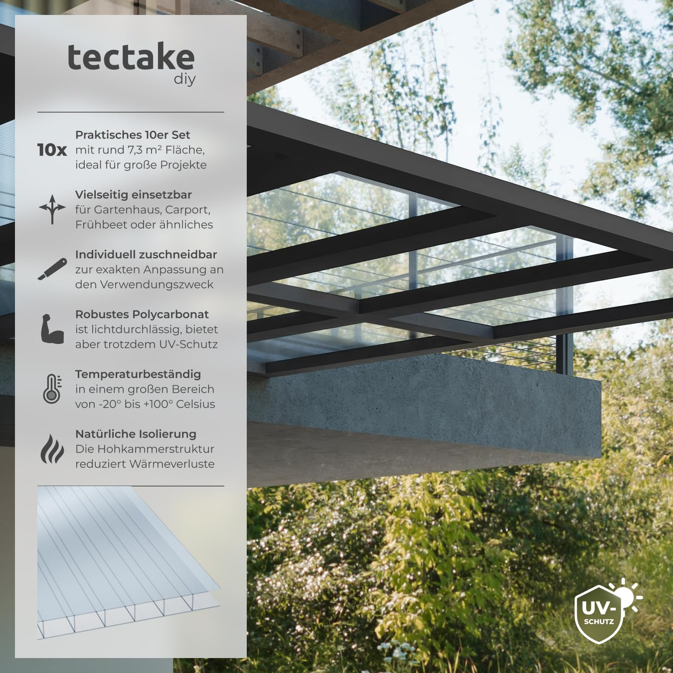 Publicité pour plaques en polycarbonate Tectake DIY avec icônes de fonctionnalités et toit de terrasse noir.