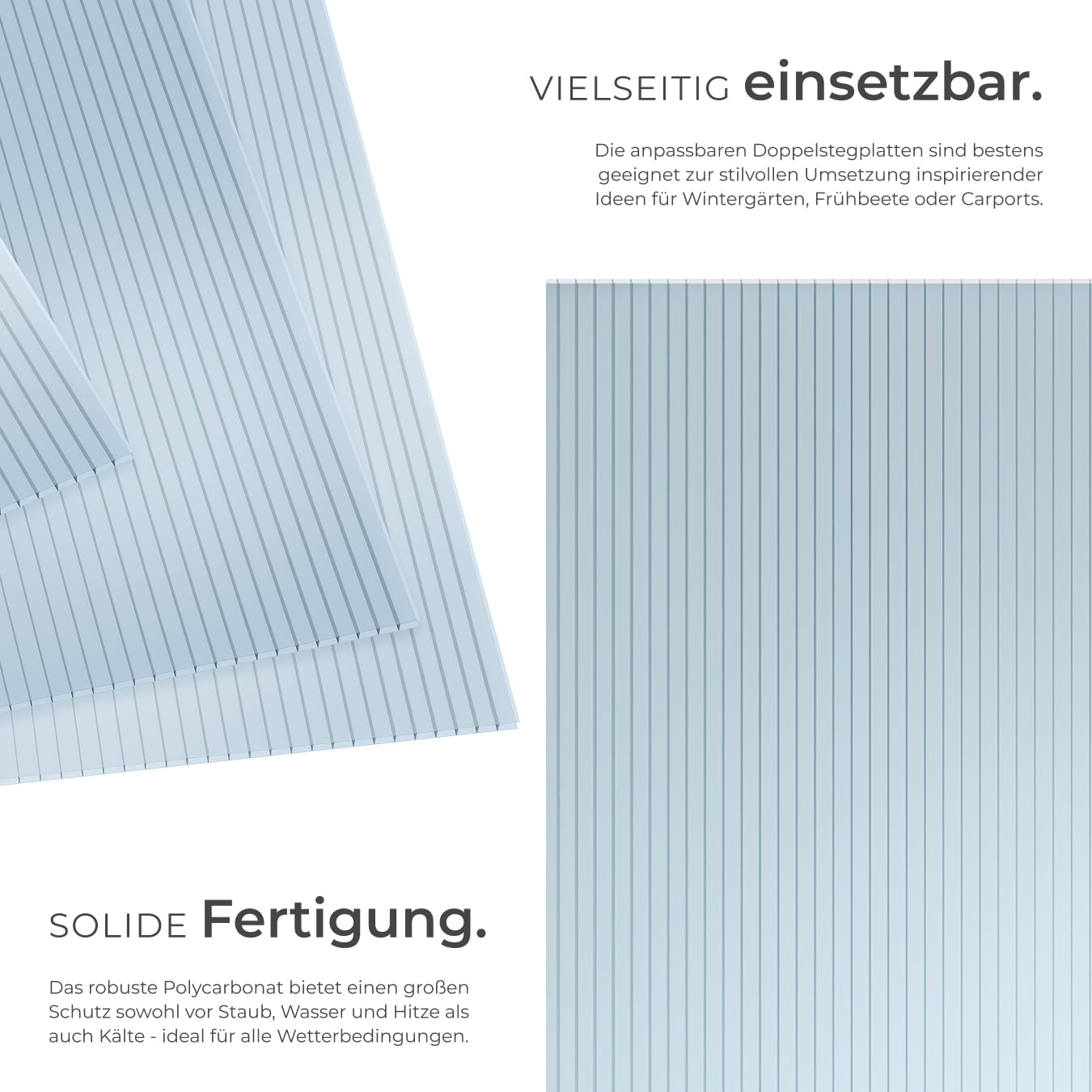 Plaques alvéolaires en polycarbonate bleu avec des lignes verticales et du texte allemand sur fond blanc.
