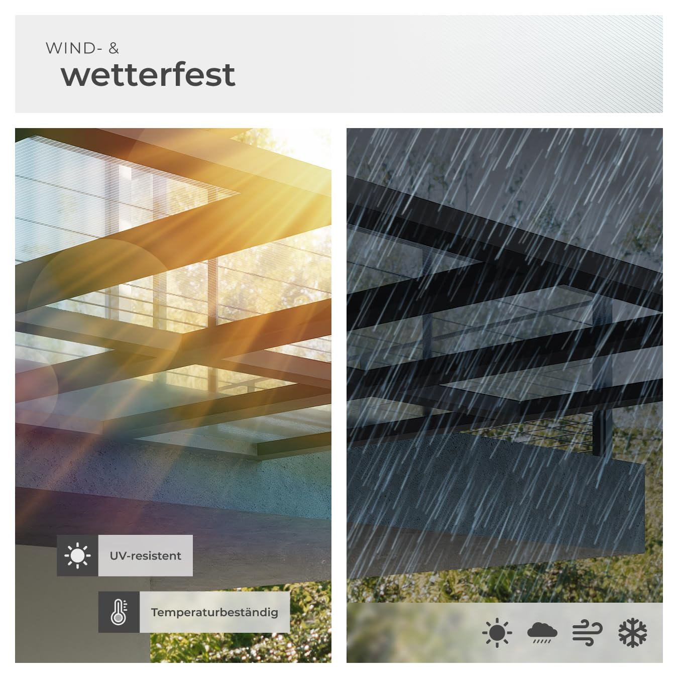 Toit de terrasse étanche, résistant aux UV et aux températures, illustré sous le soleil et la pluie.