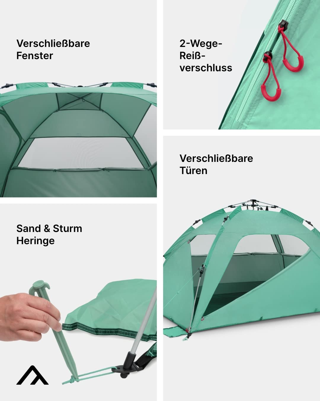 Quattro immagini mostrano parti di una tenda verde: finestre, cerniera, porte e picchetti.