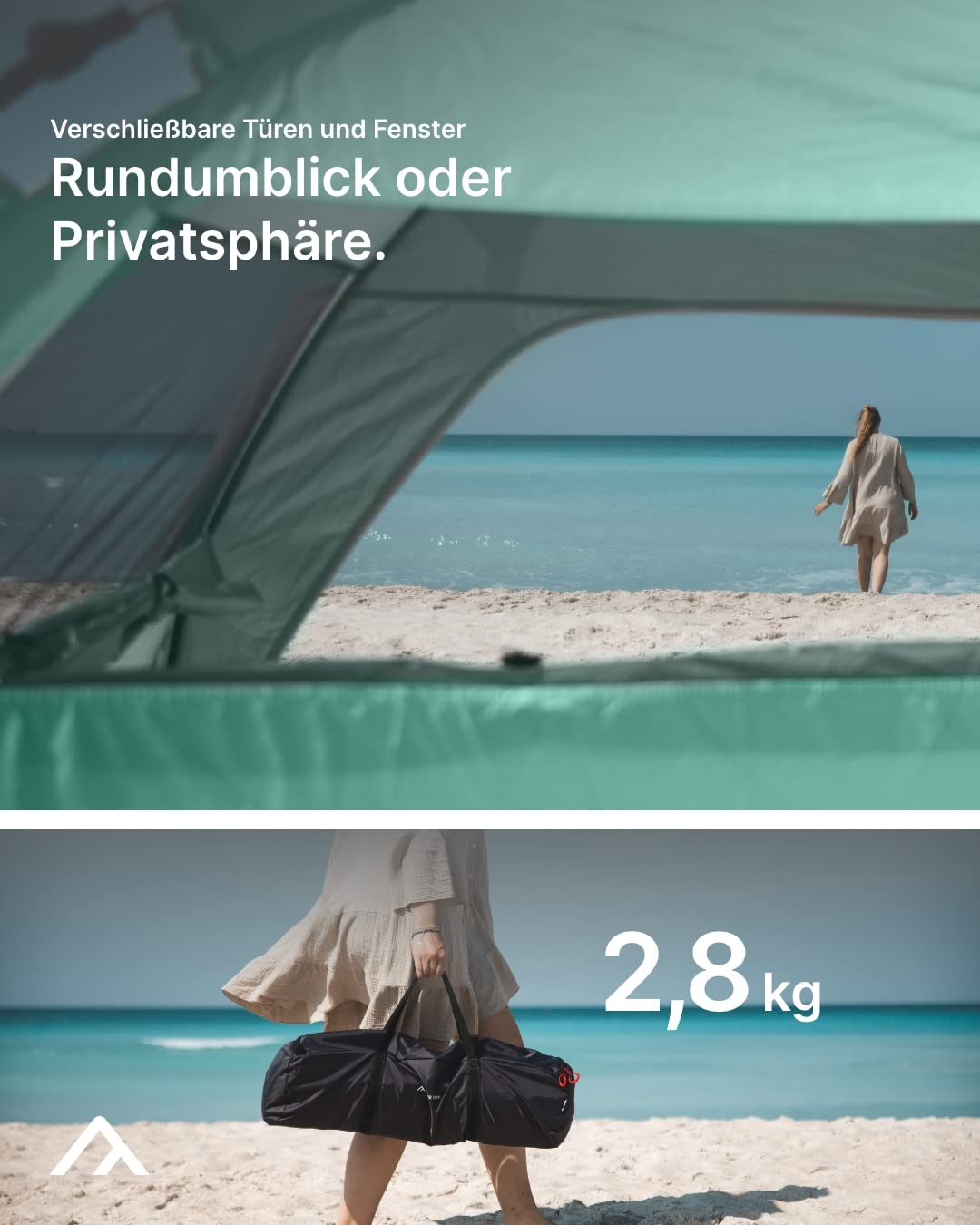 Vista da una tenda alla spiaggia con donna; sotto, donna con borsa nera al mare con testo 2,8 kg.