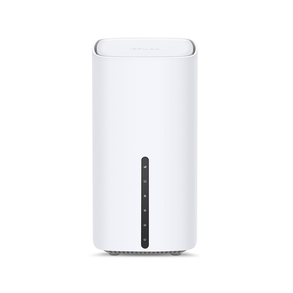 Un router TP-Link bianco si trova in posizione verticale su sfondo bianco con una striscia LED nera.