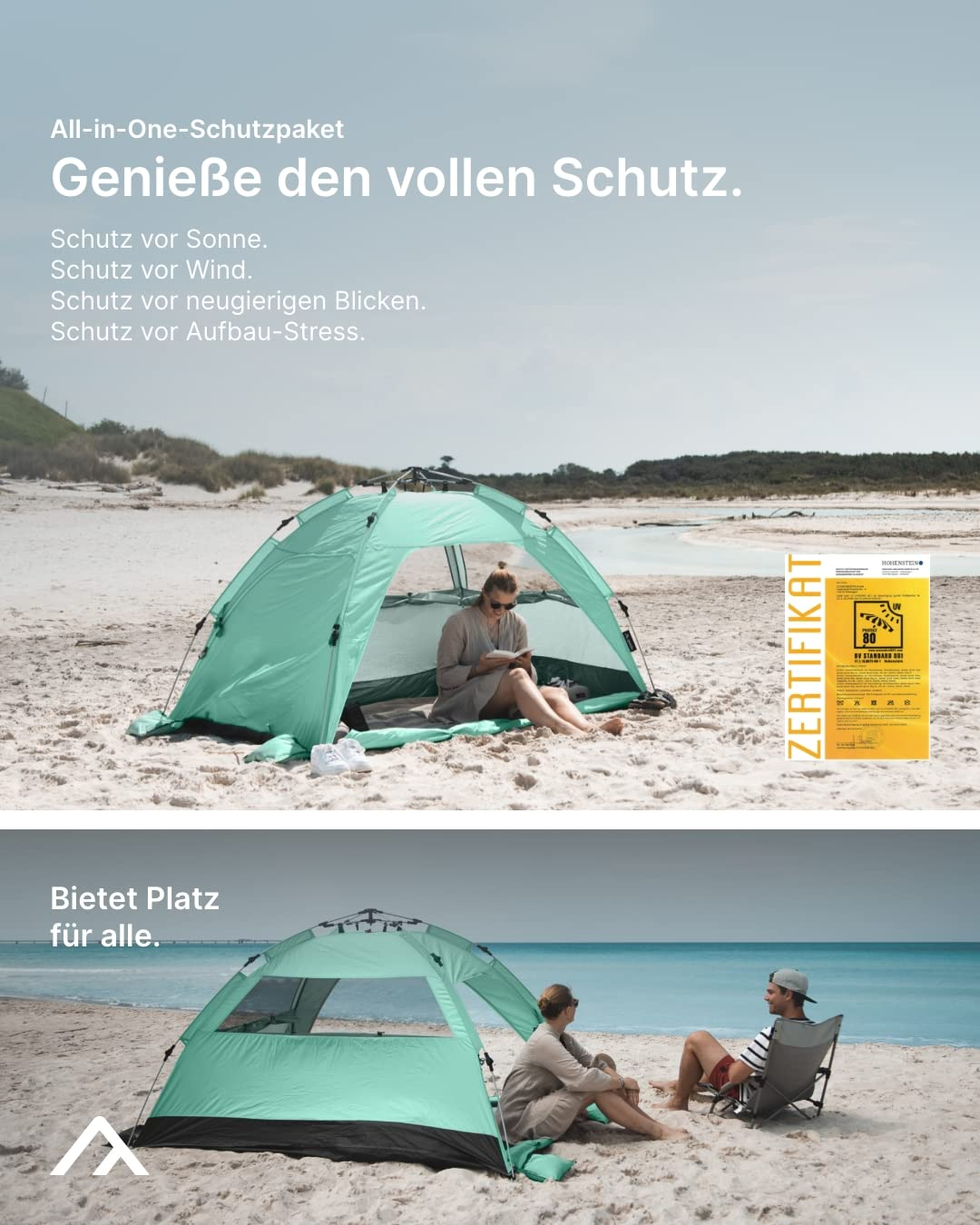 Una tenda da spiaggia verde menta sulla sabbia con persone, testo in tedesco.