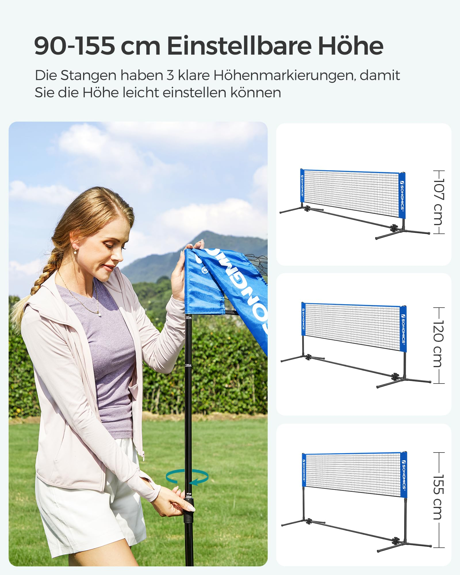 Donna regola l'altezza di una rete blu, con diagrammi che mostrano altezze di 107 cm, 120 cm e 155 cm.