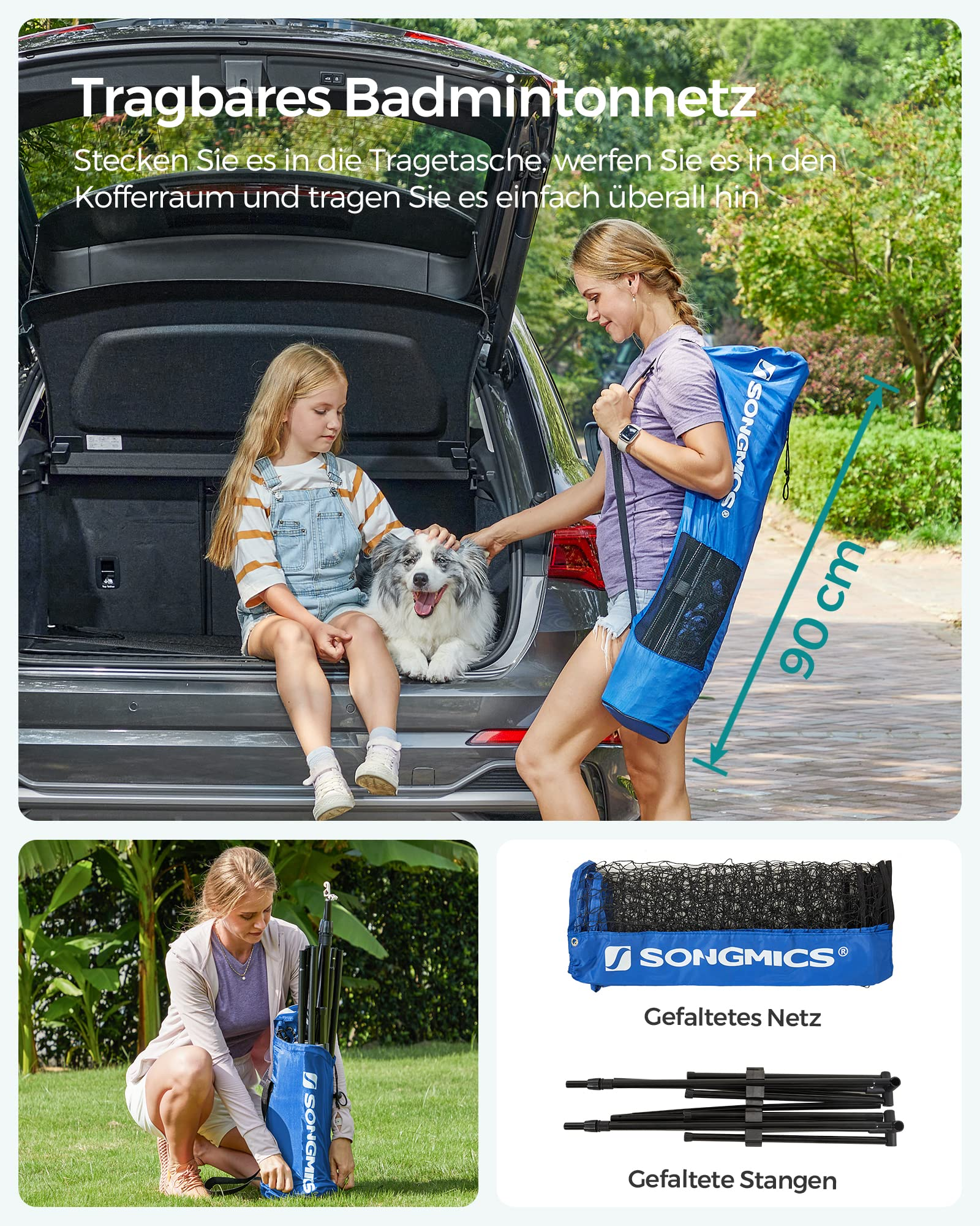 Una donna tiene una borsa blu per rete da badminton vicino al bagagliaio di un'auto con una bambina e un cane.