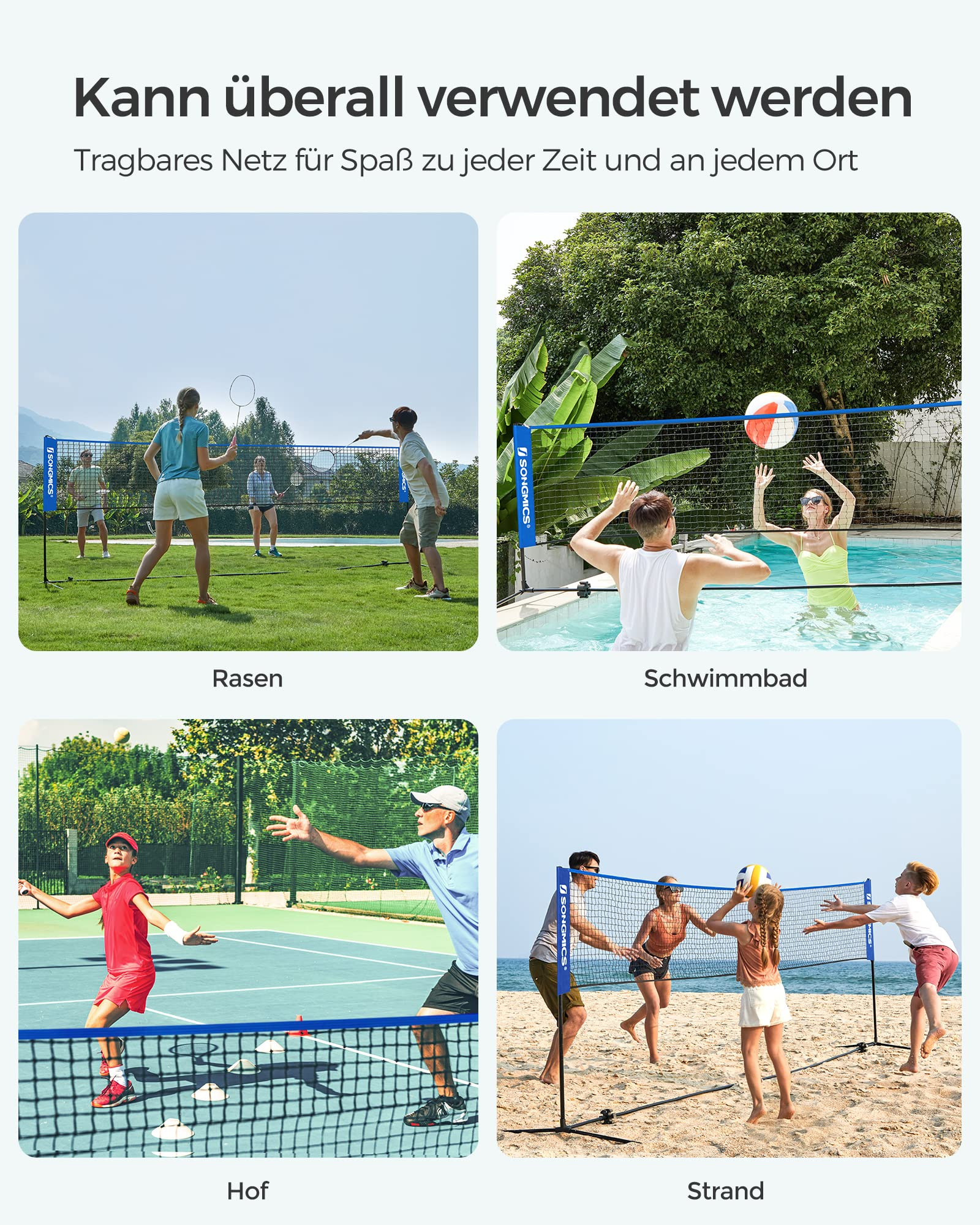Quattro immagini che mostrano una rete sportiva portatile su erba, piscina, campo e spiaggia.