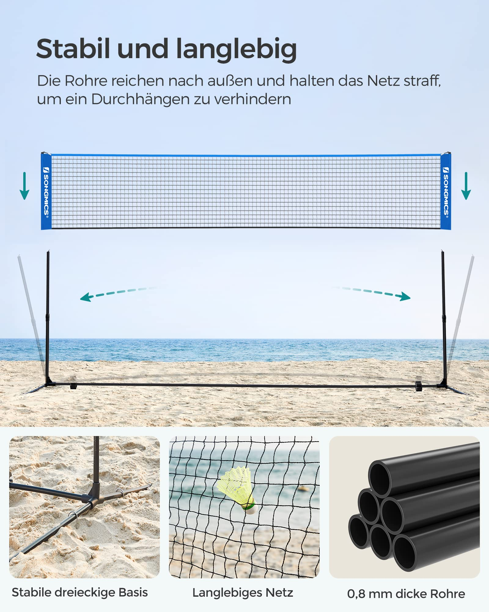 Rete da badminton sulla spiaggia con dettagli su base, rete e tubi spessi.